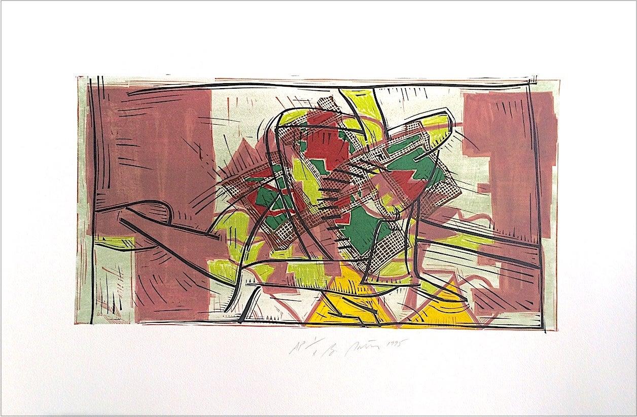 Composition 3: Rose Beige, Yellow, Lime, Signed Color Linocut Modernist Abstract