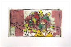Komposition 3: Rose Beige, Gelb, Kalk, Signiert Farbe Linolschnitt Modernist Abstrakt