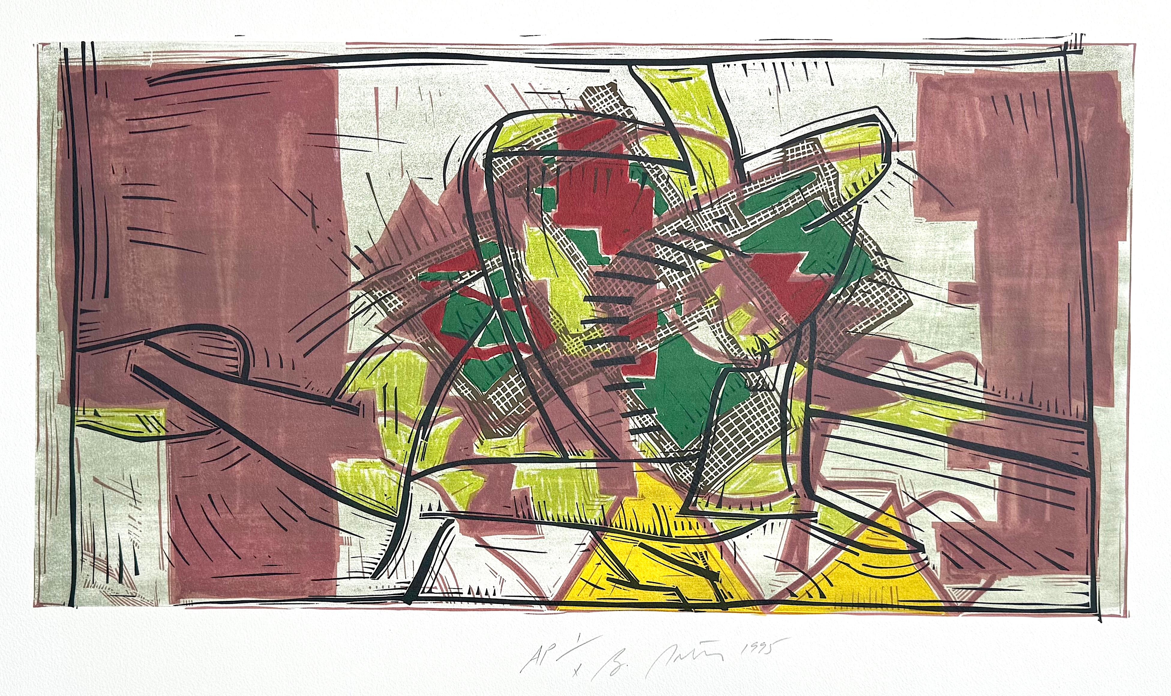 Composition 3: Rose Beige, Yellow, Lime, Signed Linocut, Modernist Abstract