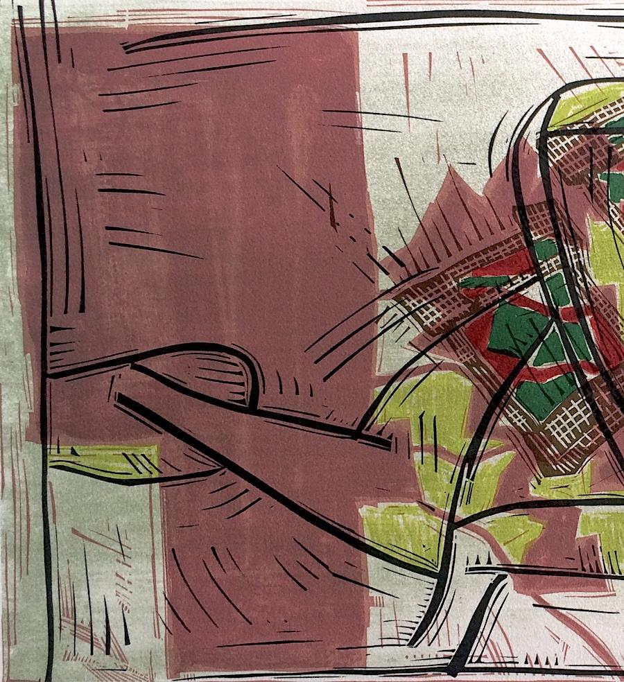 Composition 3: Rose Beige, Yellow, Lime, Signed Linocut, Modernist Abstract For Sale 1