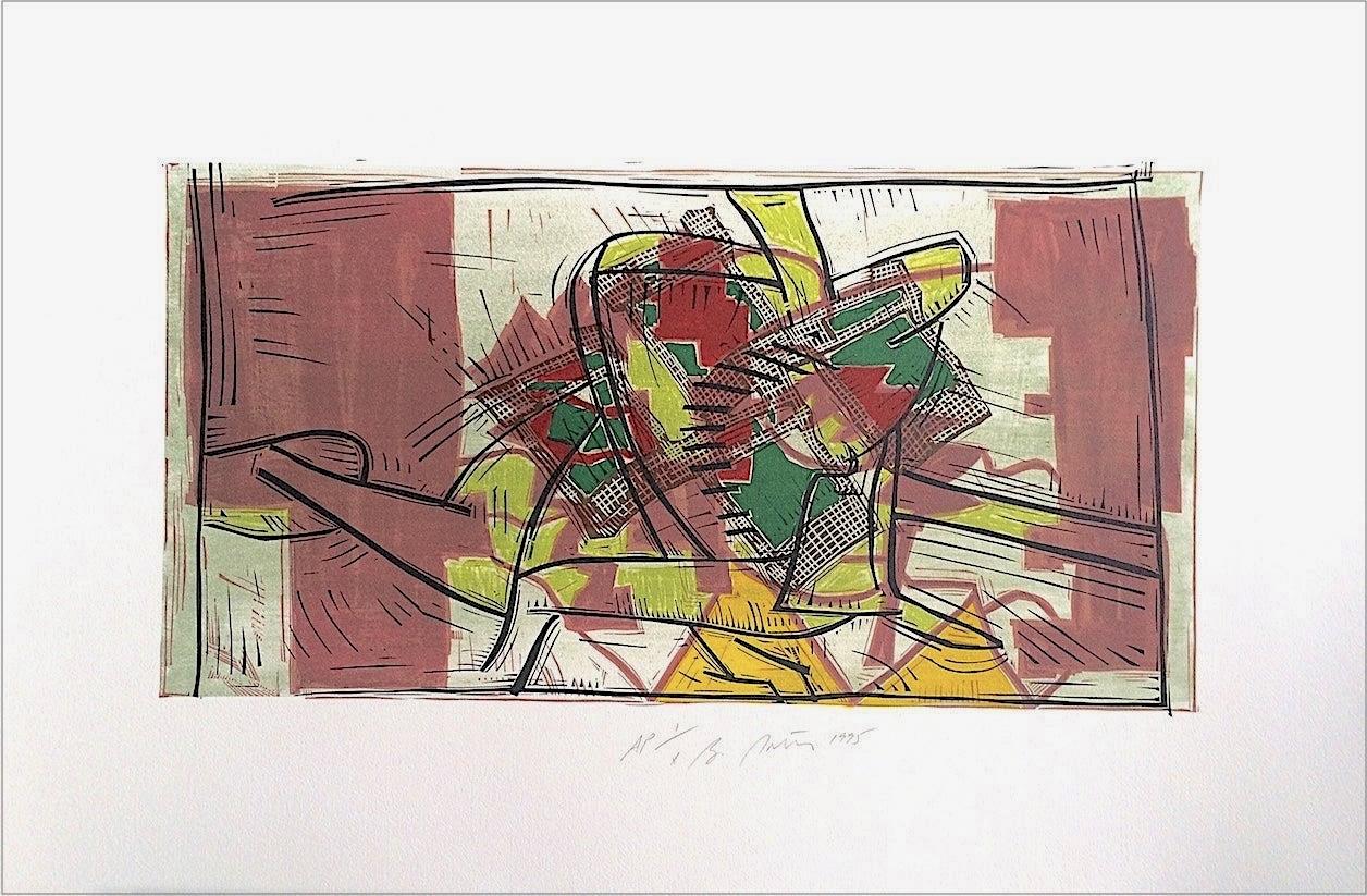 Composition 3: Rose Beige, Yellow, Lime, Signed Linocut, Modernist Abstract For Sale 3