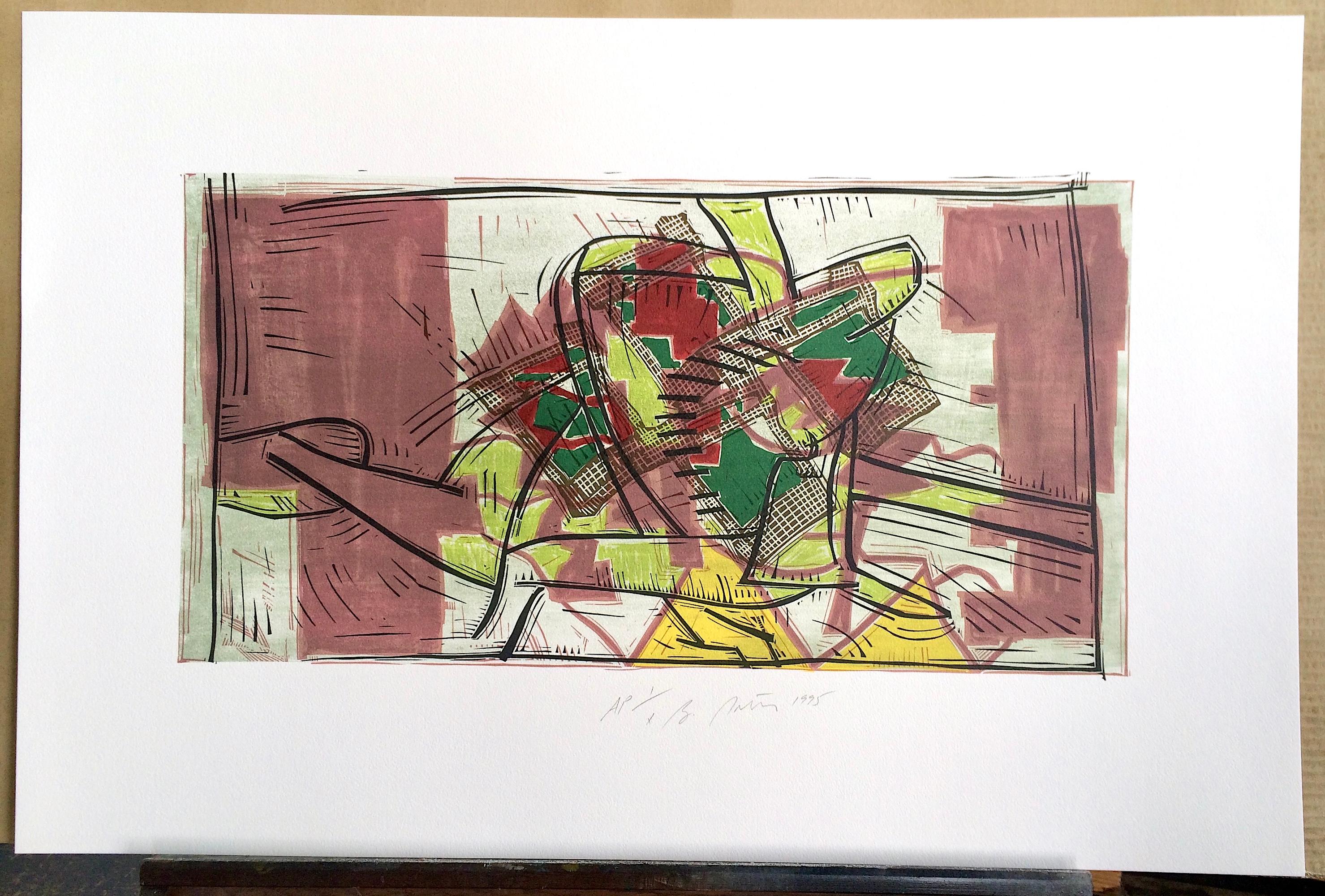 Komposition 3: Rosa, Beige, Gelb, Kalk, signierter Linolschnitt, Modernist Abstract im Angebot 5