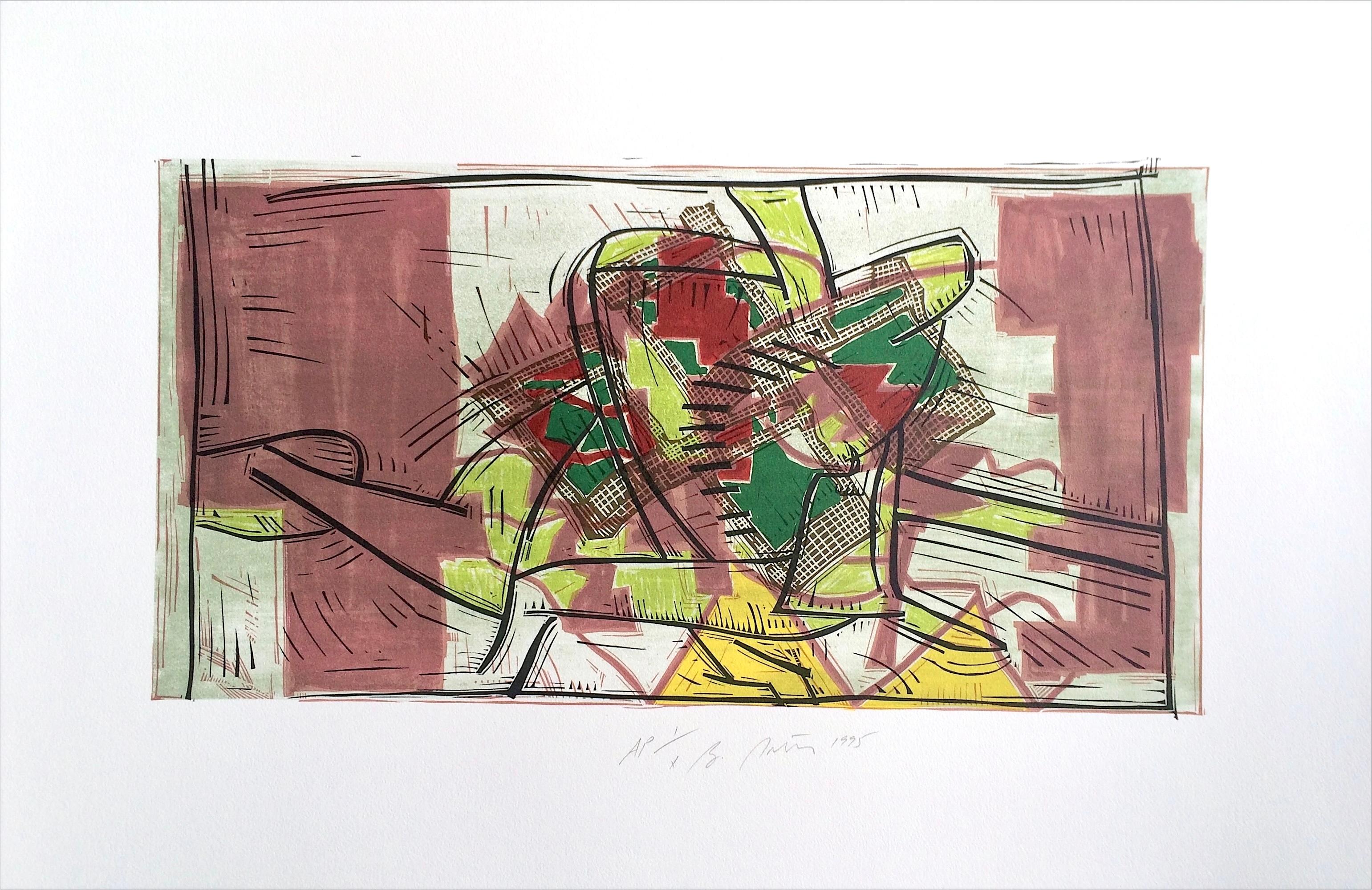Bruce Porter Print – Komposition 3: Rosa, Beige, Gelb, Kalk, signierter Linolschnitt, Modernist Abstract