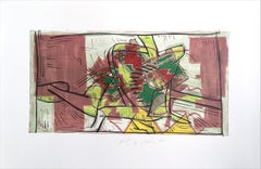 Composition 3: Rose Beige, Yellow, Lime, Signed Linocut, Modernist Abstract