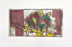 Composizione 3: rosa beige, giallo, lime, linoleografia firmata, astratto modernista