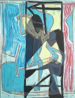 Komposition 4: Blaue, figurative, abstrakte, signierte Farblithographie im Linocut der Moderne, Modernismus