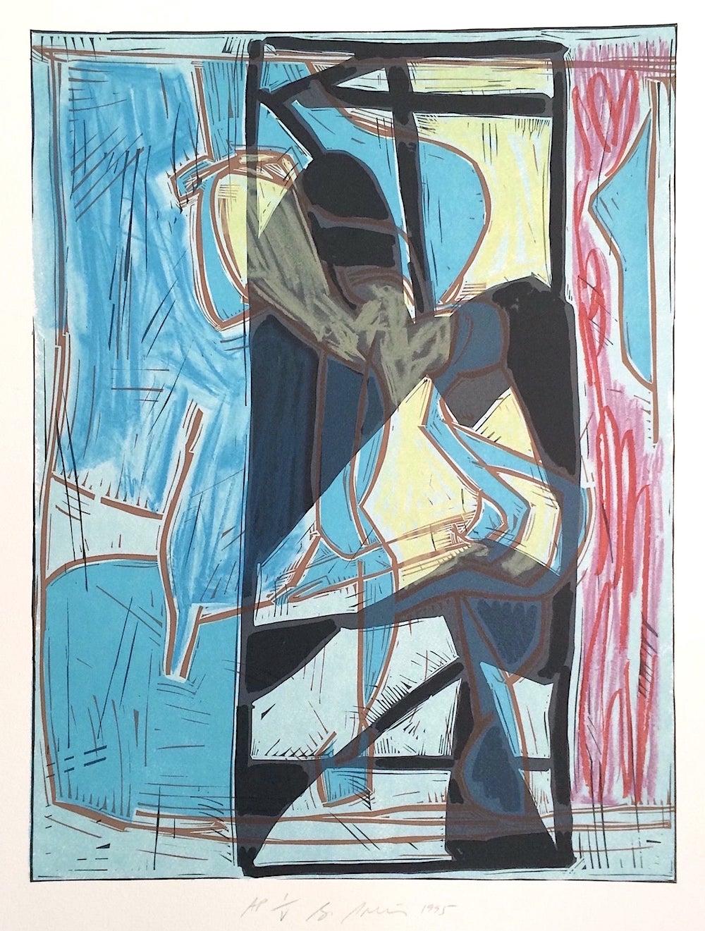 Composition 4:Blue Modernist Figurative Abstract Signed Color Lithograph Linocut