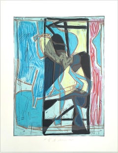 Composition 4:Blue Modernist Abstract, Signed Lithograph Linocut, Retro Shapes