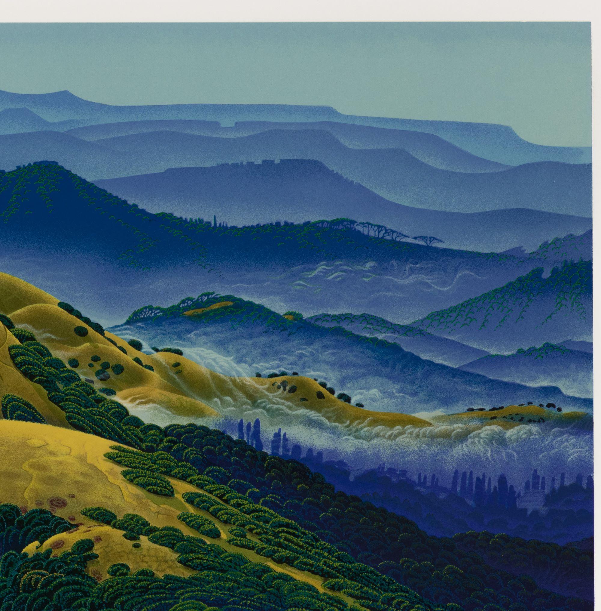 Carmel Canyon is a serigraph on paper with an image size 31.5 x 29.5 inches, signed 'Ricker' lower right and annotated lower left. From the edition of 500, numbered 125/200 (there were also 50 Roman on paper, 200 Arabic on canvas and 50 AP on