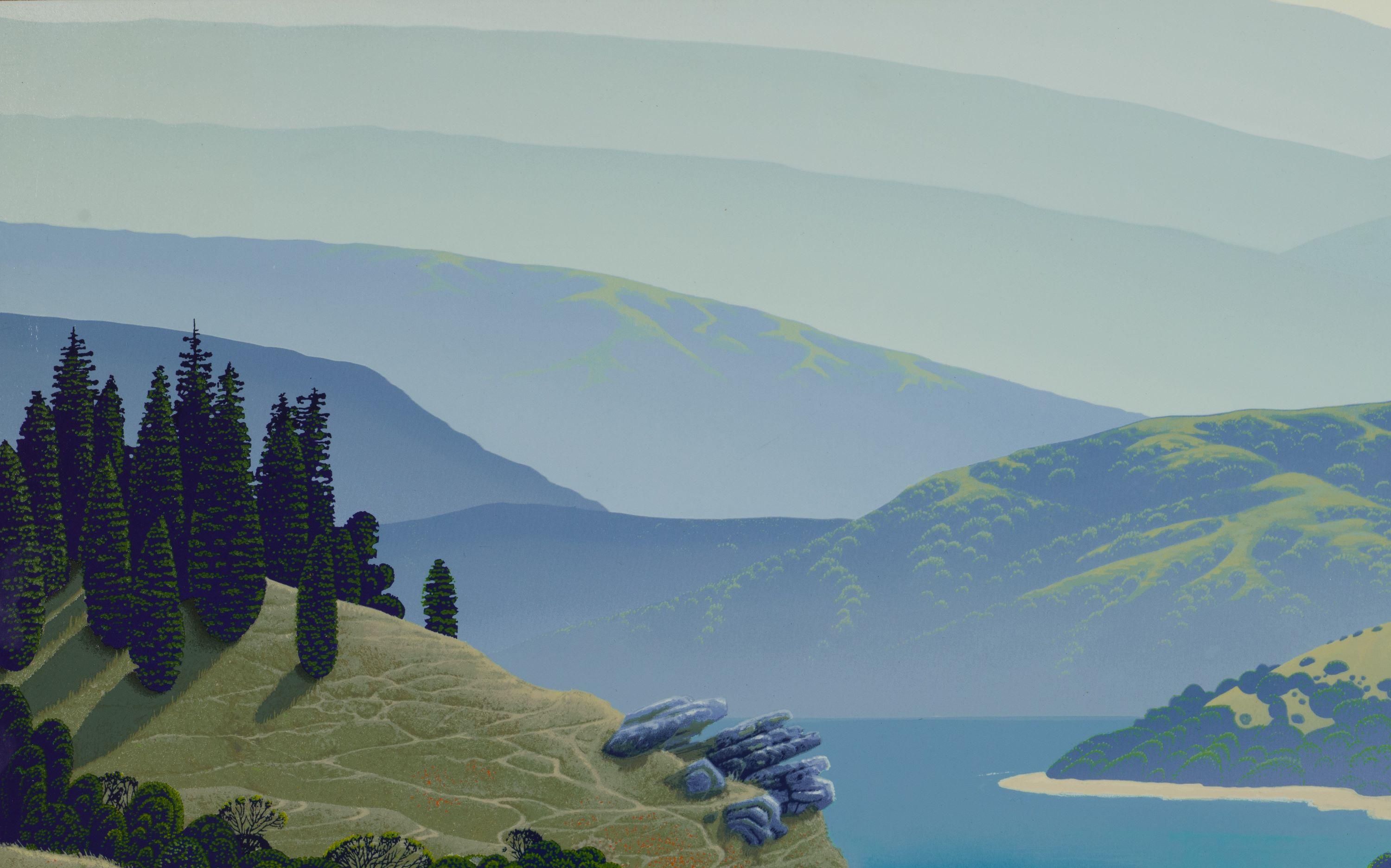 View From Cypress Hill is a serigraph on gesso board measuring 20 x 36,