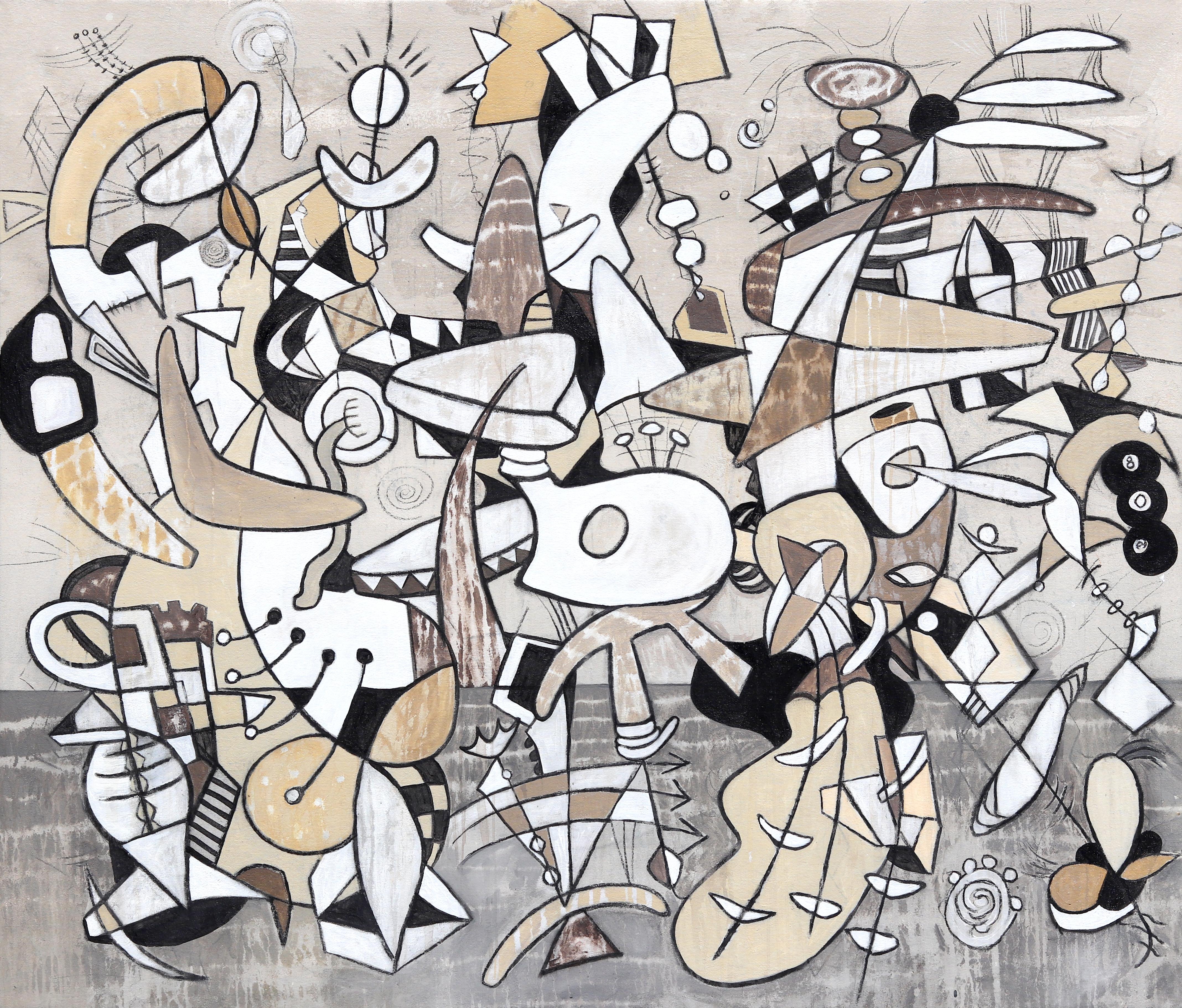 The paintings of Bruce Rubenstein seamlessly marry sophistication with accessibility. His expressive abstract artwork "Deconstructing Dystopia" brings together fragmented figures, biomorphic curves, geometric structures, and playful symbols within a