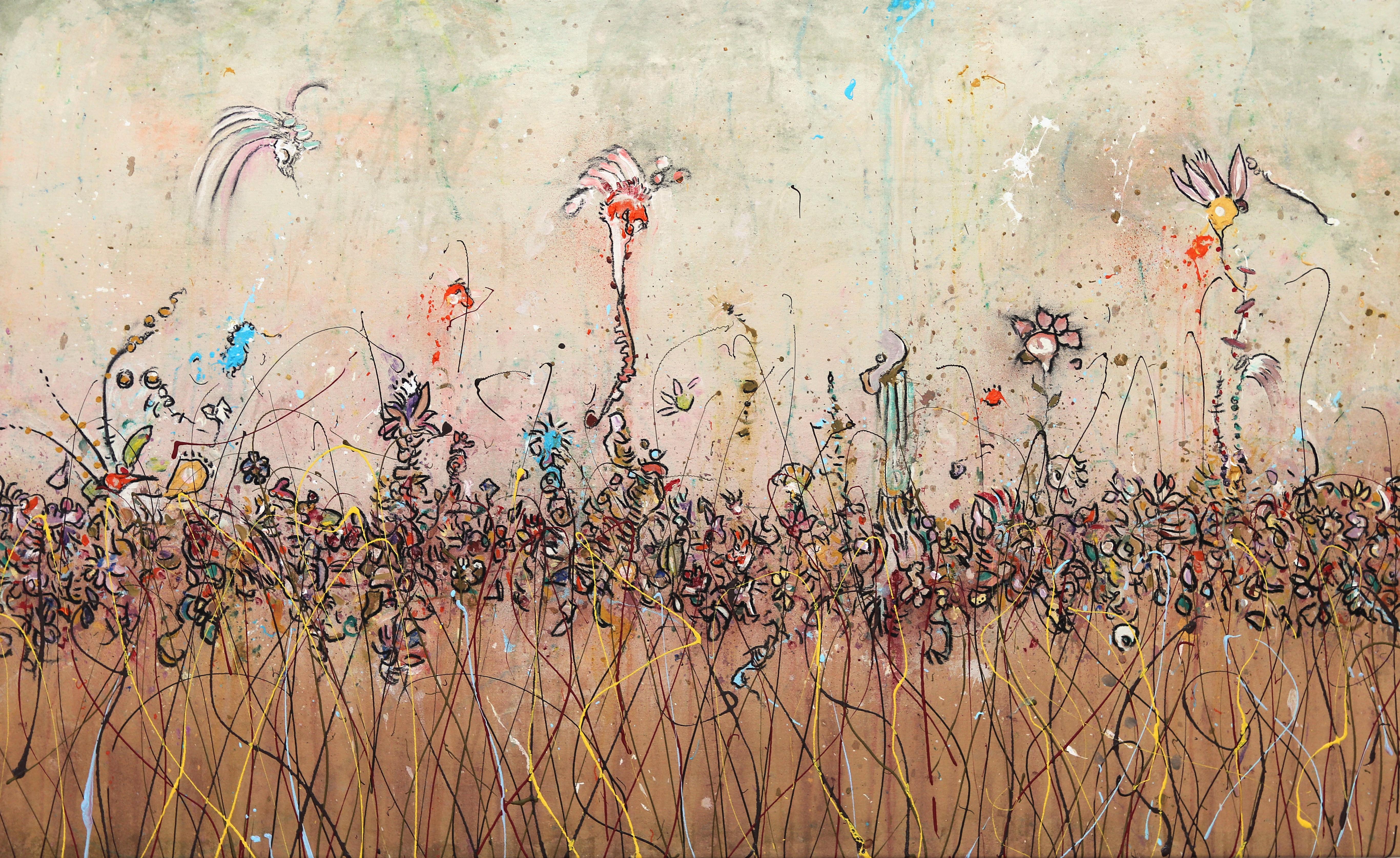 Abstract Painting de Bruce Rubenstein - Pintura Abstracta Expresiva de Tonos Terrosos "Campos Florecientes" Paisaje Grande