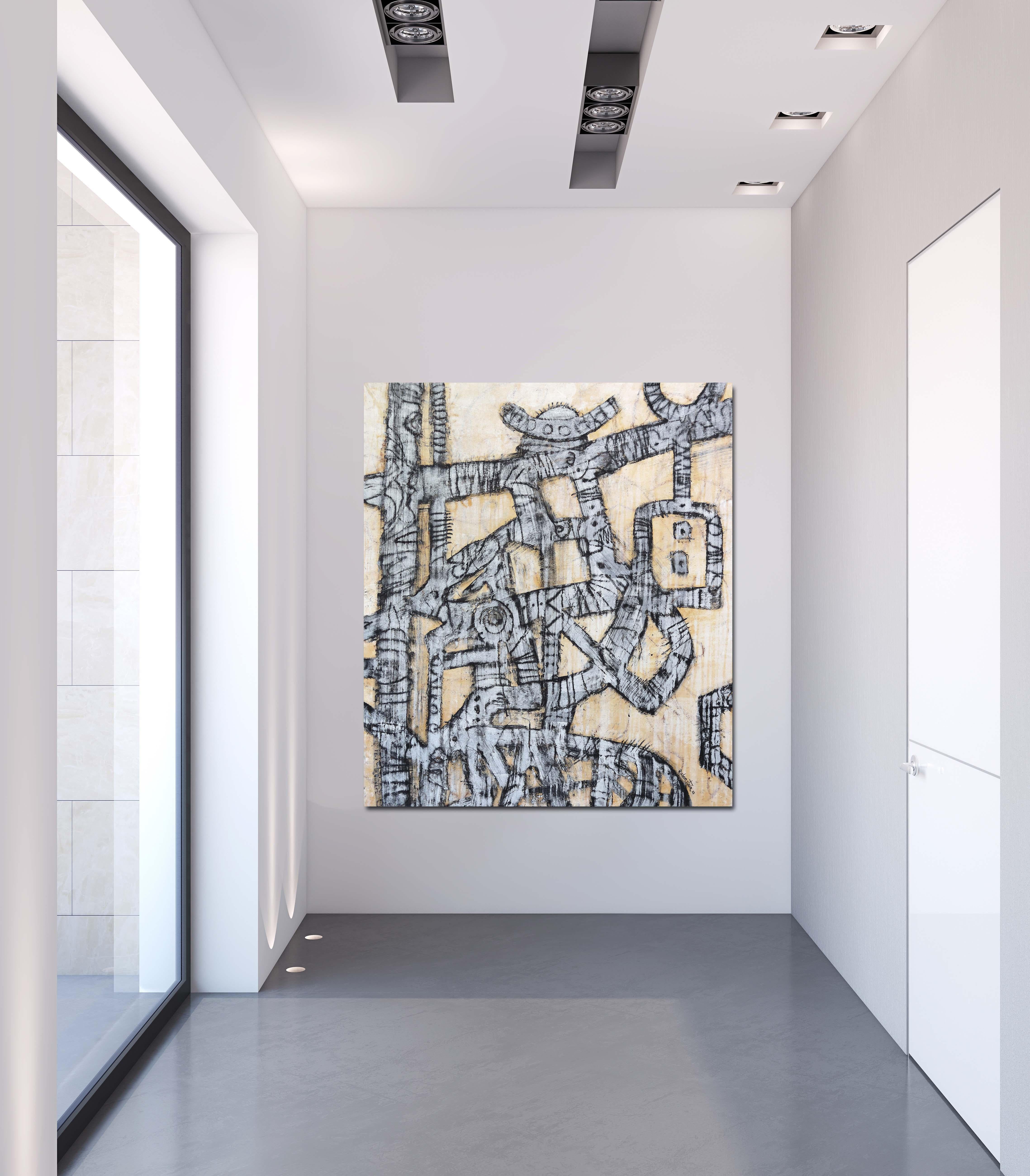Goodbye Porzellan-Tellerhut –  Großes Erdtön-Gemälde auf Leinwand, fertig zum Hängen (Abstrakt), Mixed Media Art, von Bruce Rubenstein