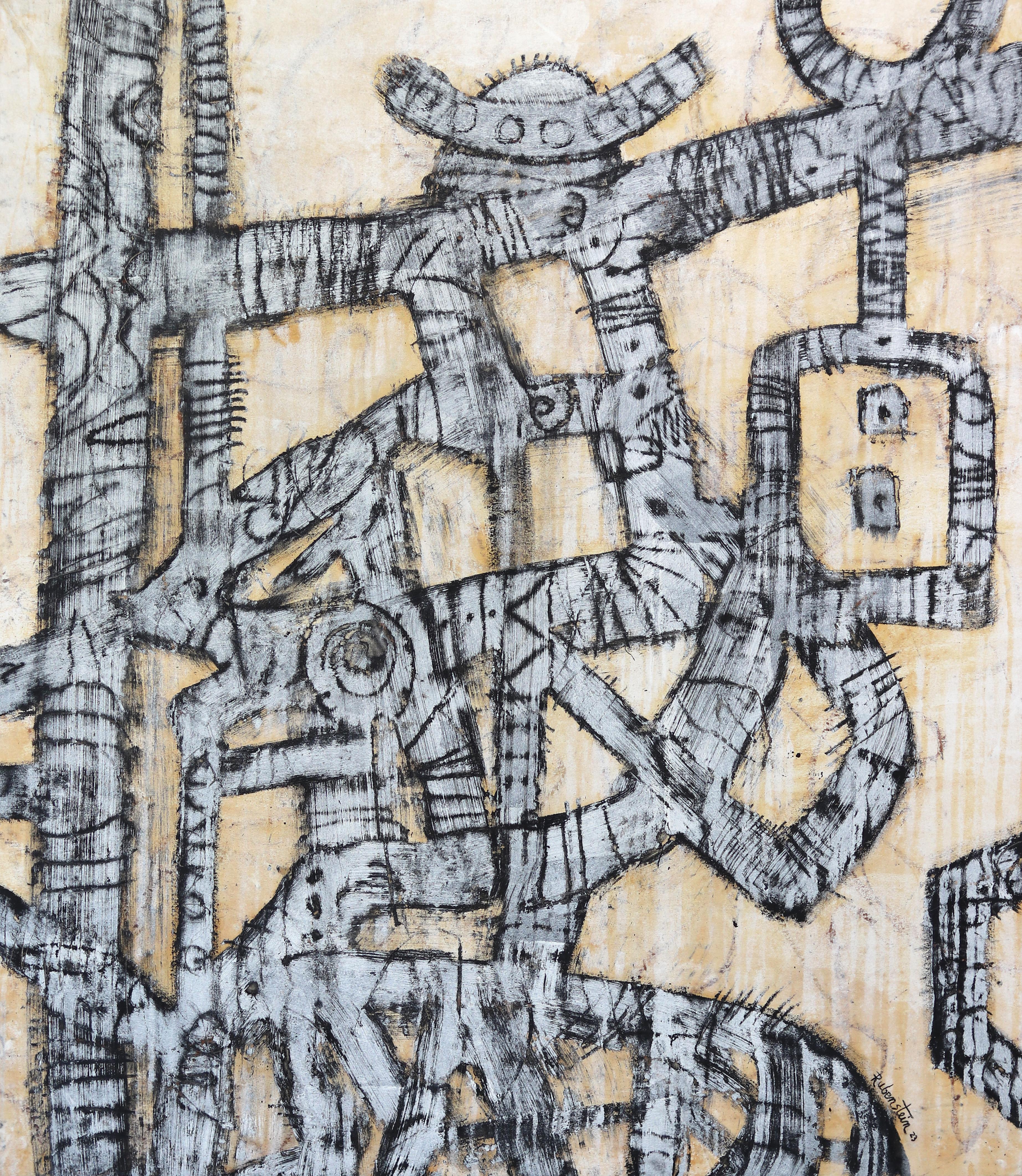 Goodbye Porzellan-Tellerhut –  Großes Erdtön-Gemälde auf Leinwand, fertig zum Hängen – Mixed Media Art von Bruce Rubenstein