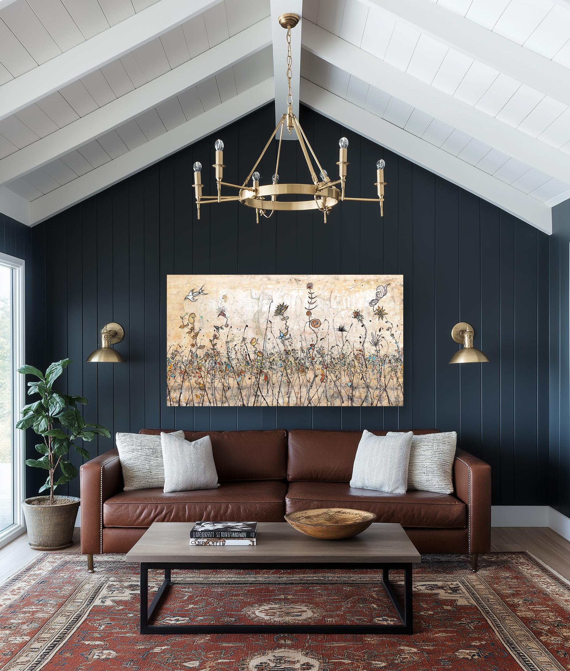 Harvest Moon Festival - Large Abstract Expressionist Mixed Media Canvas Painting - Beige Abstract Painting by Bruce Rubenstein