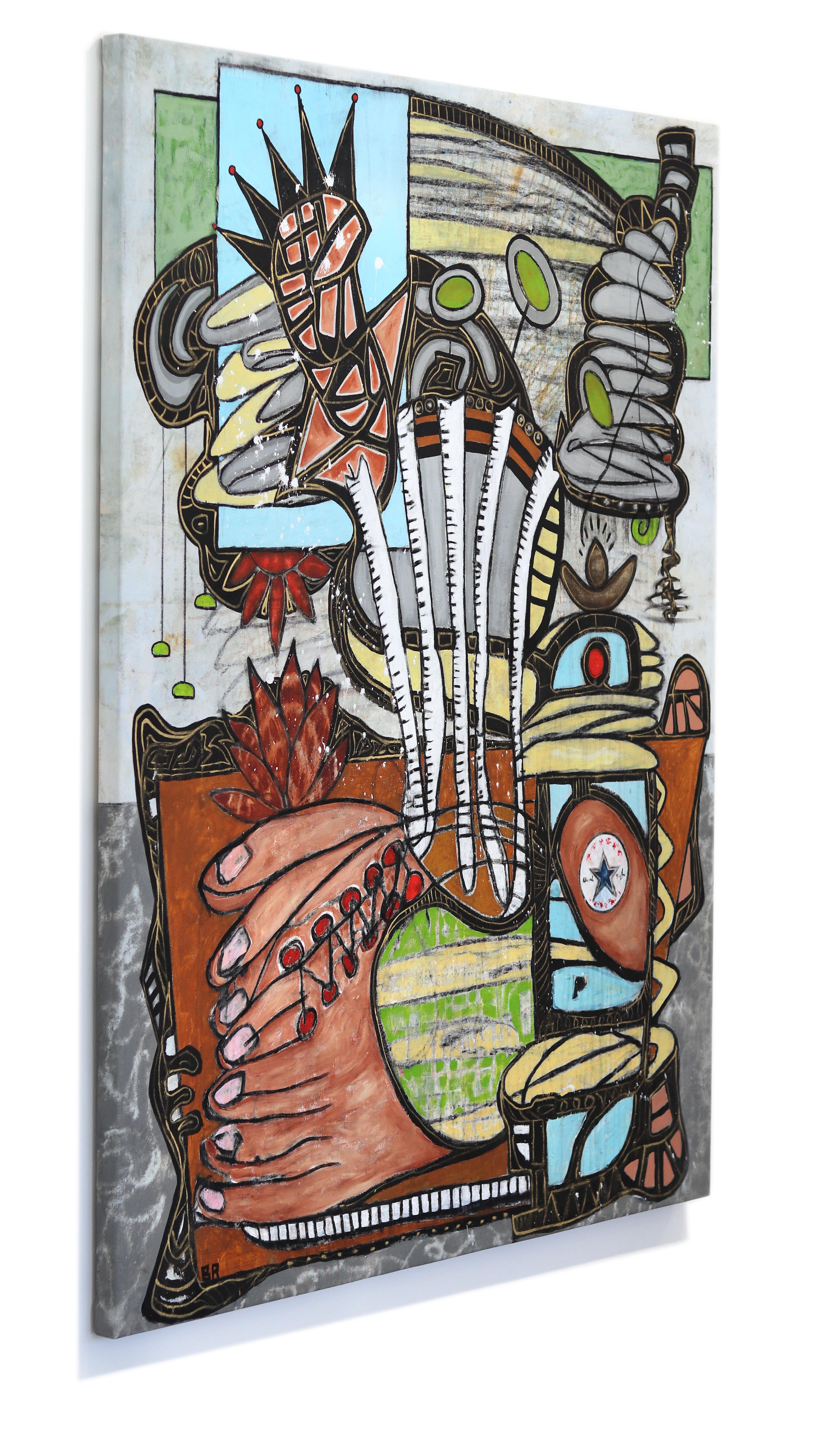 High Top Con - Gran Pintura Original Abstracta Expresionismo Caprichoso Colorido - Abstract Painting Gris de Bruce Rubenstein