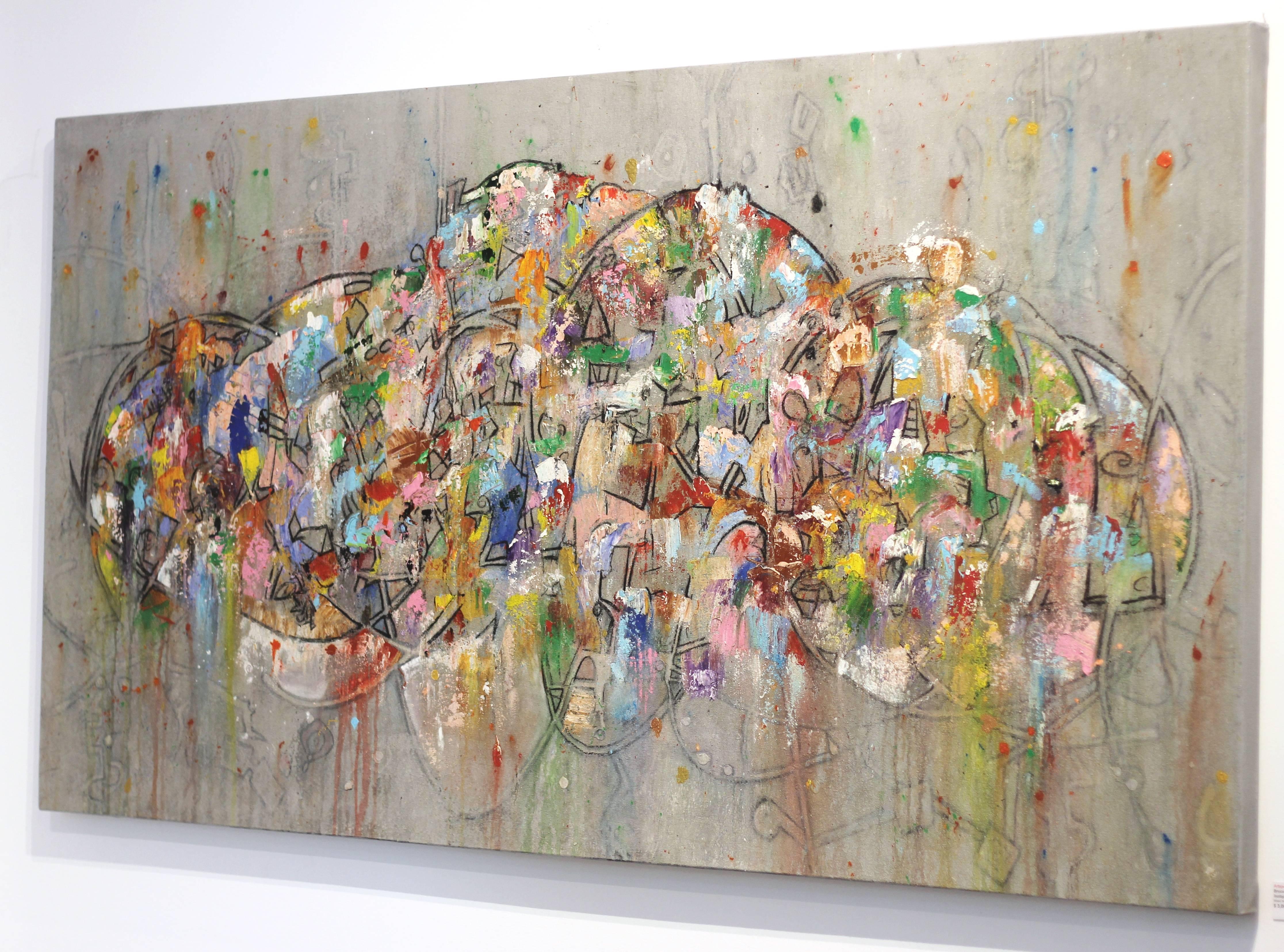 Bruce Rubenstein specializes in large-scale artworks, using huge canvases to tell his stories. This one-of-a-kind  35 inch tall by 67 inch wide original artwork is a mixed media composition layered with acrylic paint, oil stick and enamel on canvas.
