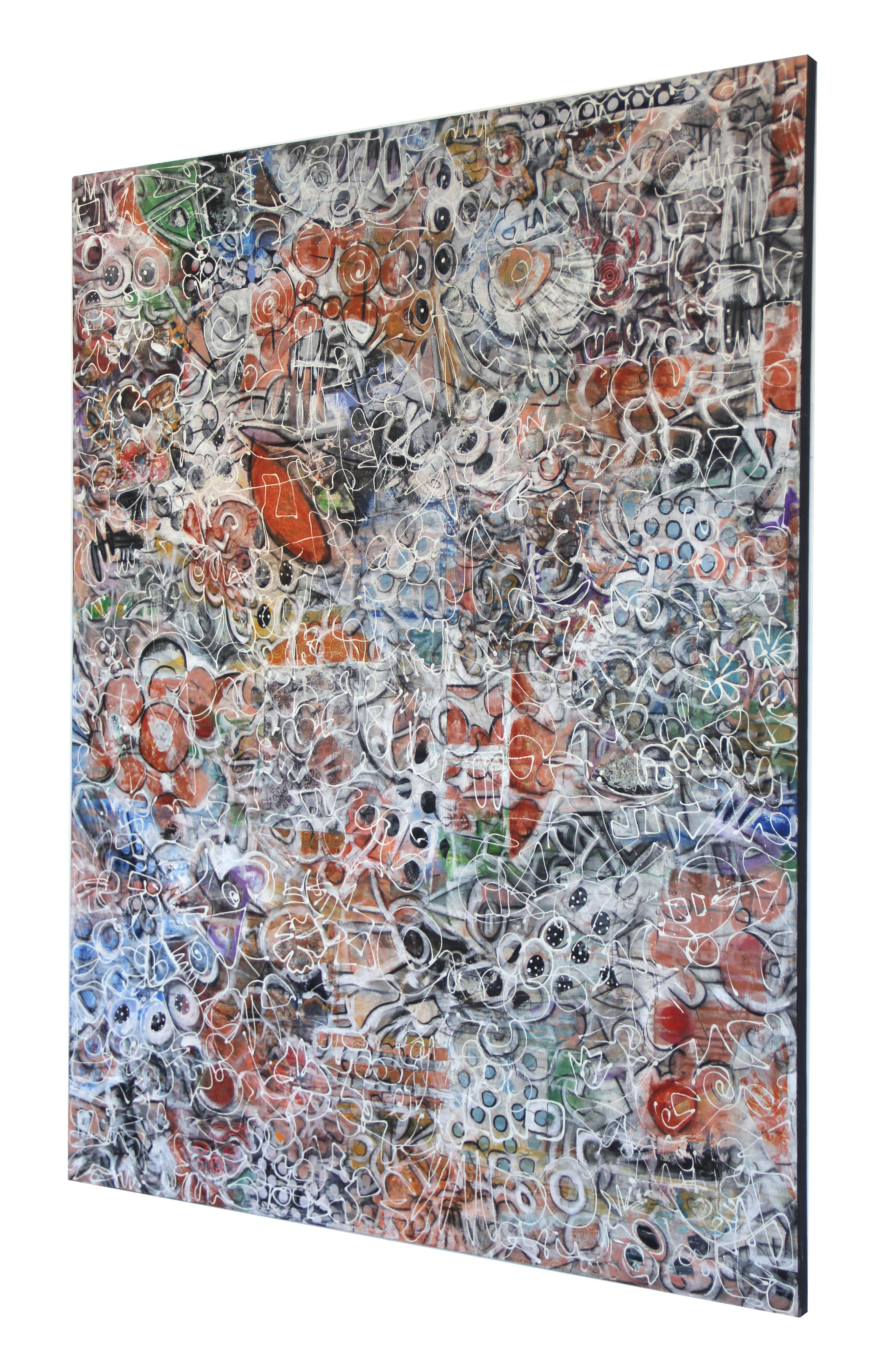 Bruce Rubenstein specializes in large-scale artworks, using huge canvases to tell his stories. This one-of-a-kind oversized 84 inch tall by 68 inch wide original artwork is a mixed media composition layered with acrylic paint and charcoal on canvas.