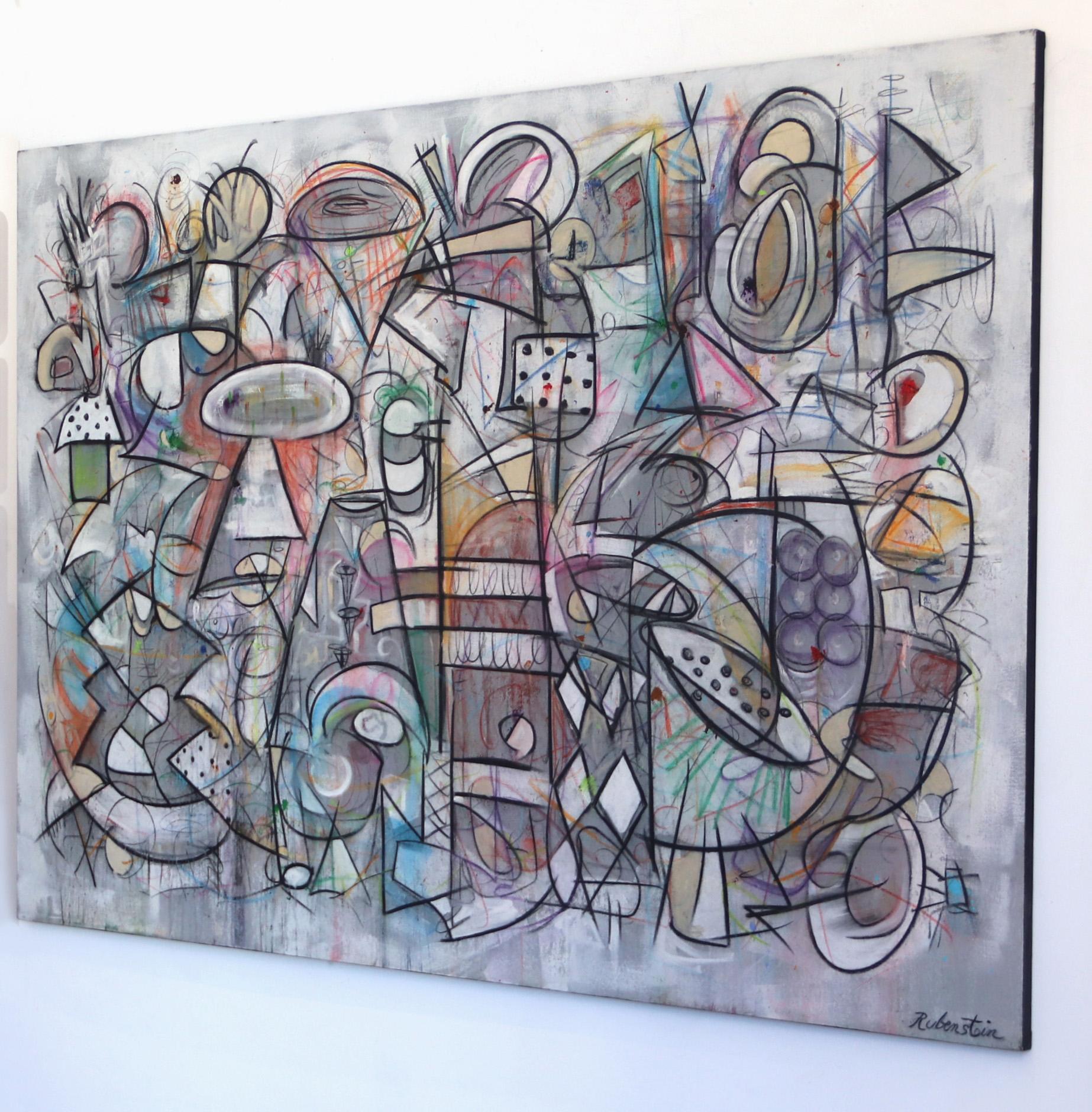 Way Too Much On My Mental - large original painting  - Gray Abstract Painting by Bruce Rubenstein