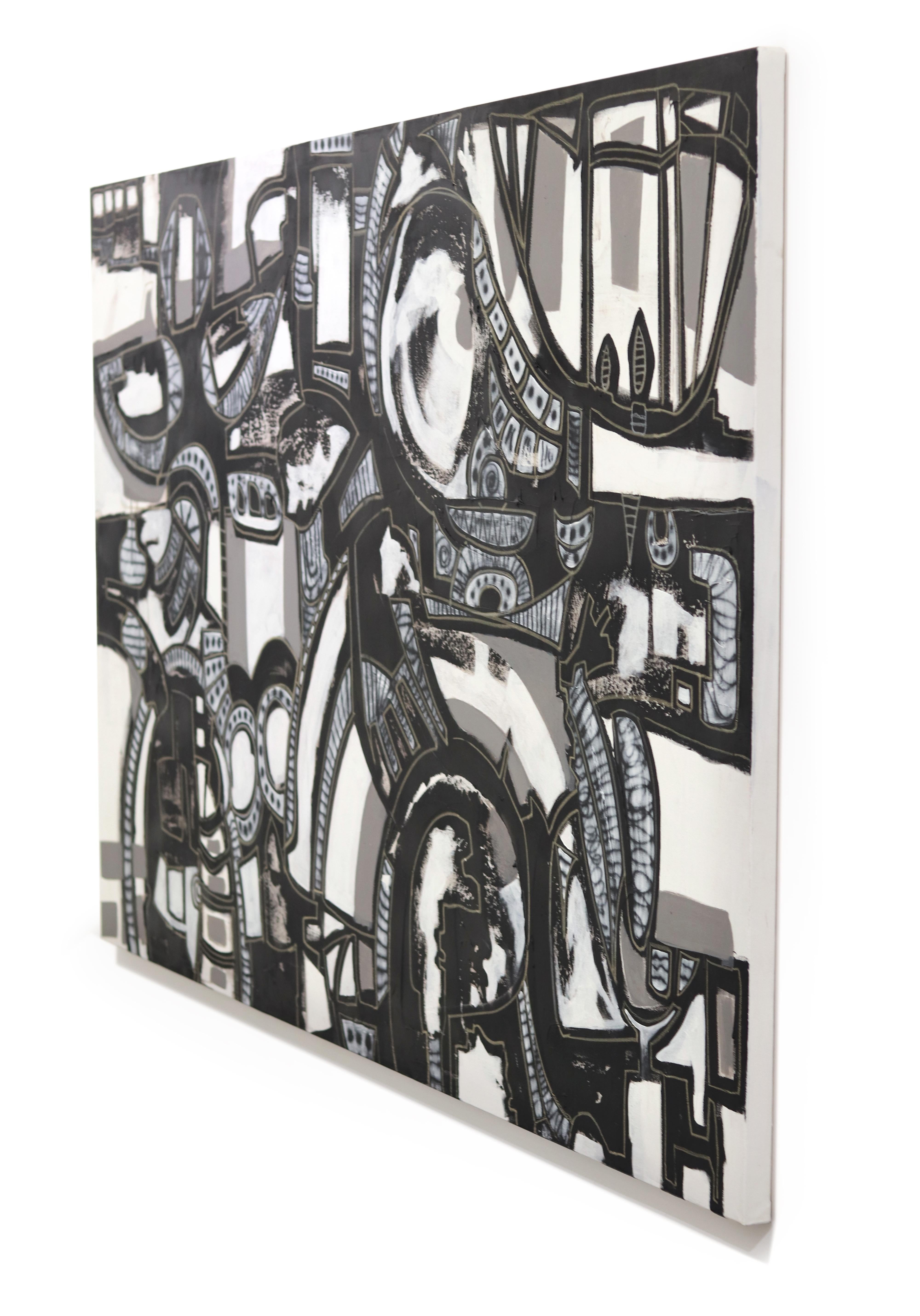 Cabeza de Cebra - Gran Pintura Abstracta Original Monocroma sobre Lienzo - Abstract Painting Negro de Bruce Rubenstein