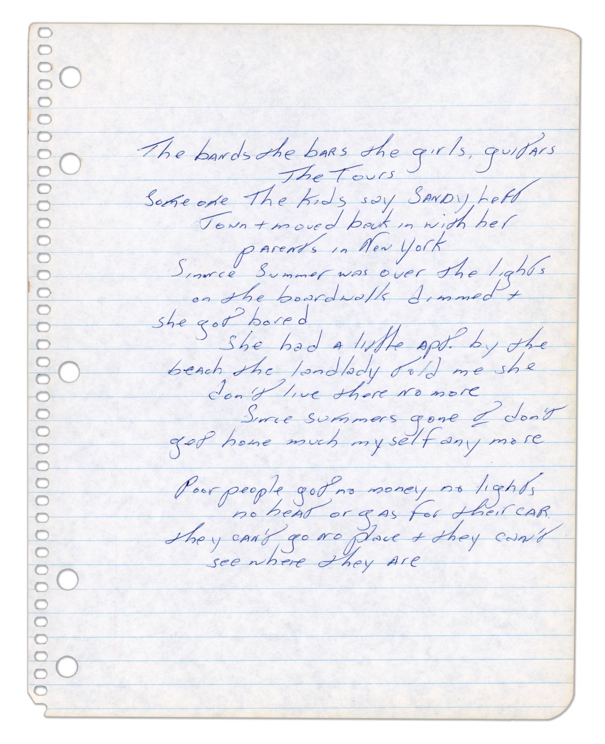 A sheet of Bruce Springsteen's handwritten lyrics to '4th of July, Asbury Park (Sandy)' Featuring an early working draft of the classic 1973 song
Bruce Springsteen (1949 -) is one of the most acclaimed and biggest selling artists in music