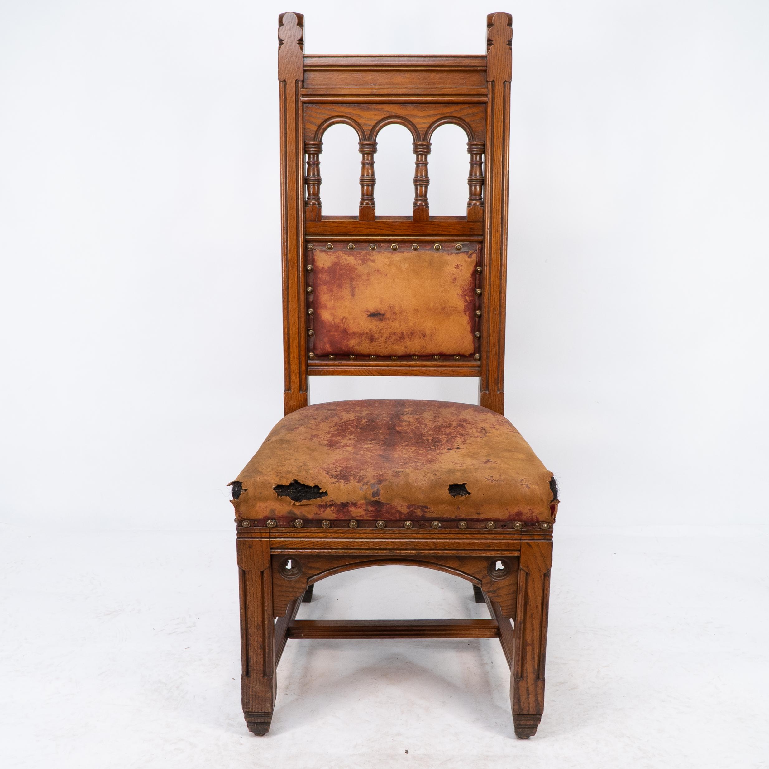 Bruce Talbert. Gillows. A rare and important Gothic Revival tall back oak chair with the original distressed leather seat and back rest.
The last image is published in Bruce Talbert’s book ‘Gothic Forms Applied to Furniture, Metalwork and
