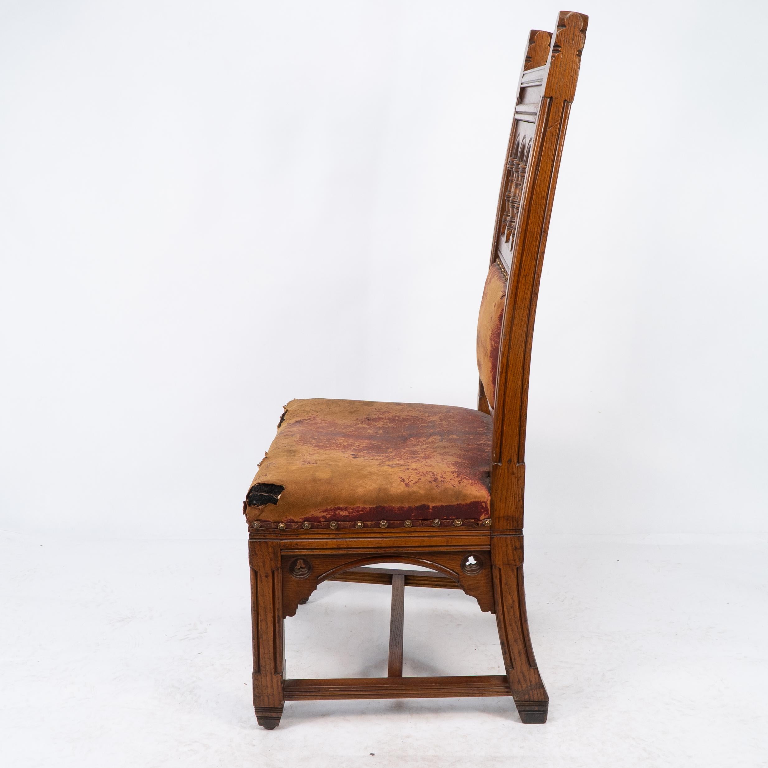 English Bruce Talbert, a Gothic Revival Tall Back Oak Chair with the Original Upholstery For Sale