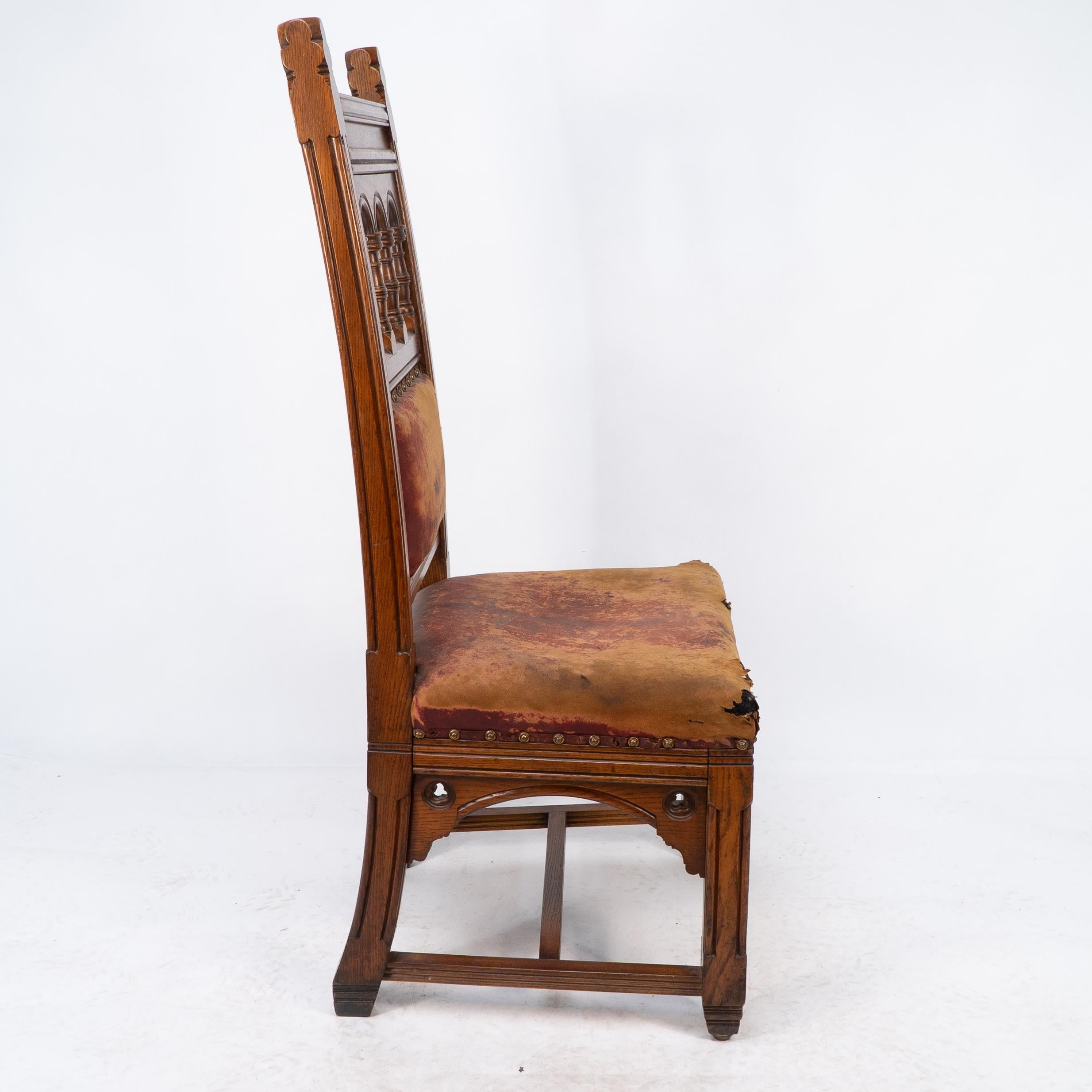 Hand-Crafted Bruce Talbert, a Gothic Revival Tall Back Oak Chair with the Original Upholstery For Sale