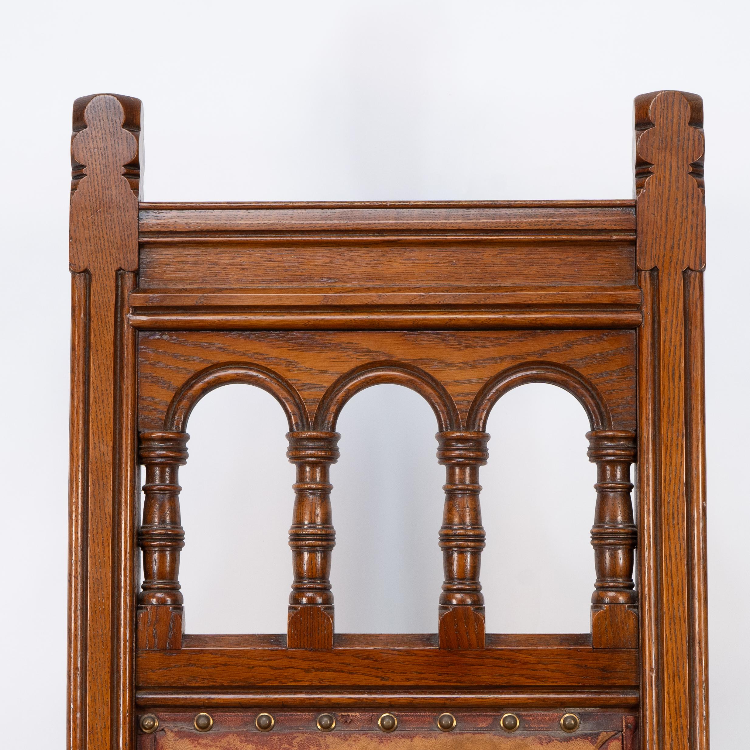 Late 19th Century Bruce Talbert, a Gothic Revival Tall Back Oak Chair with the Original Upholstery For Sale