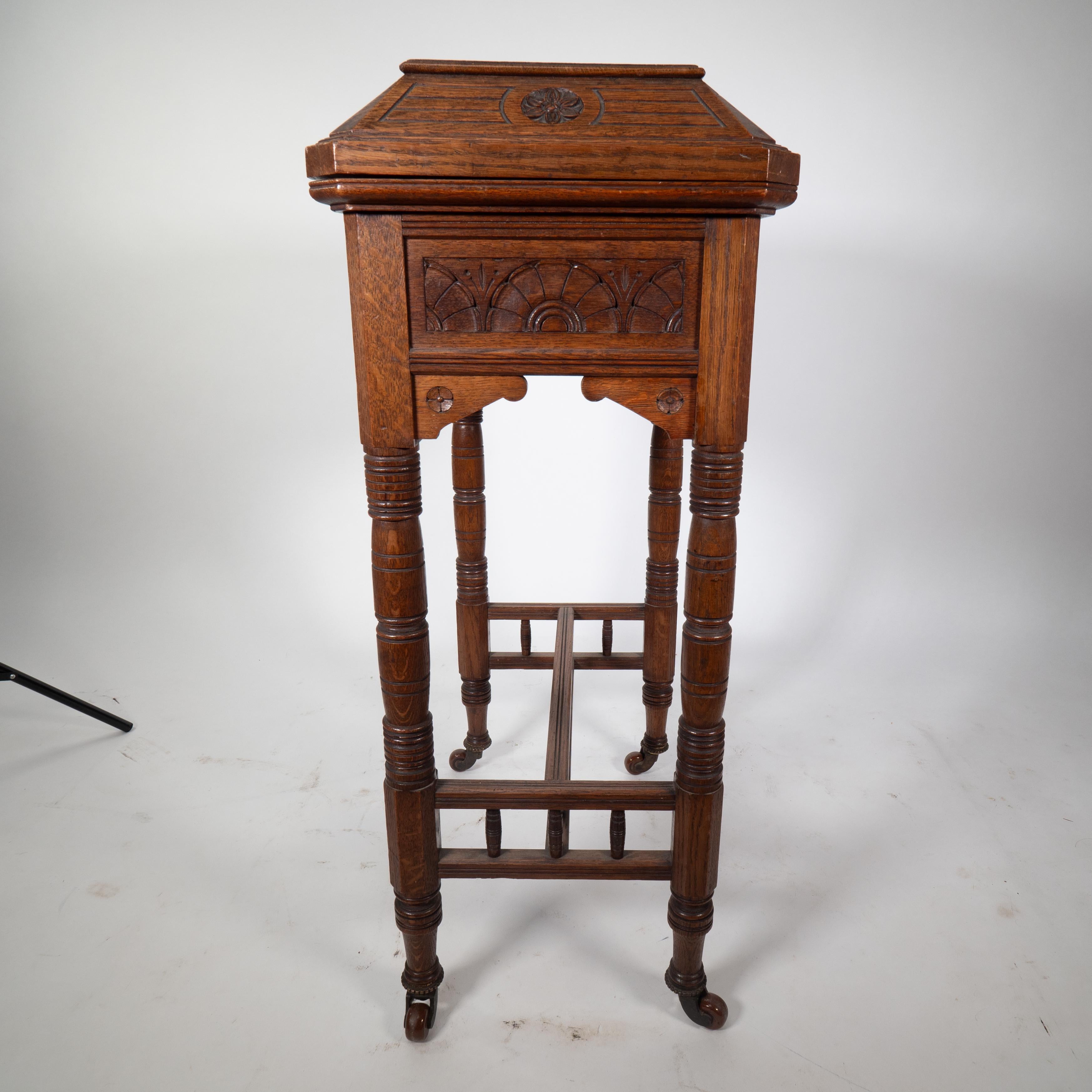 Bruce Talbert An Aesthetic Movement Gothic Revival oak needlework table and box In Good Condition For Sale In London, GB