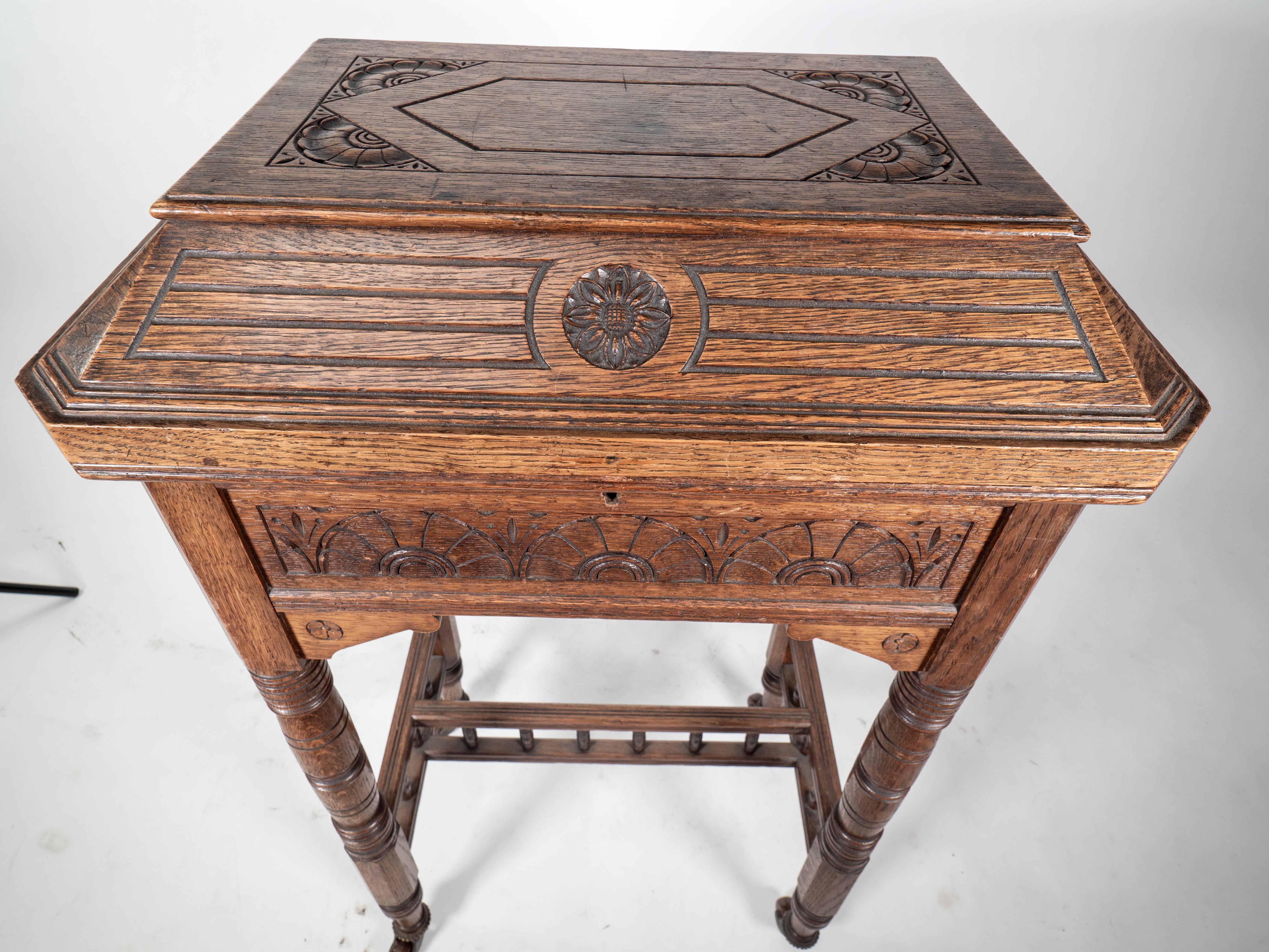 Bruce Talbert An Aesthetic Movement Gothic Revival oak needlework table and box For Sale 2