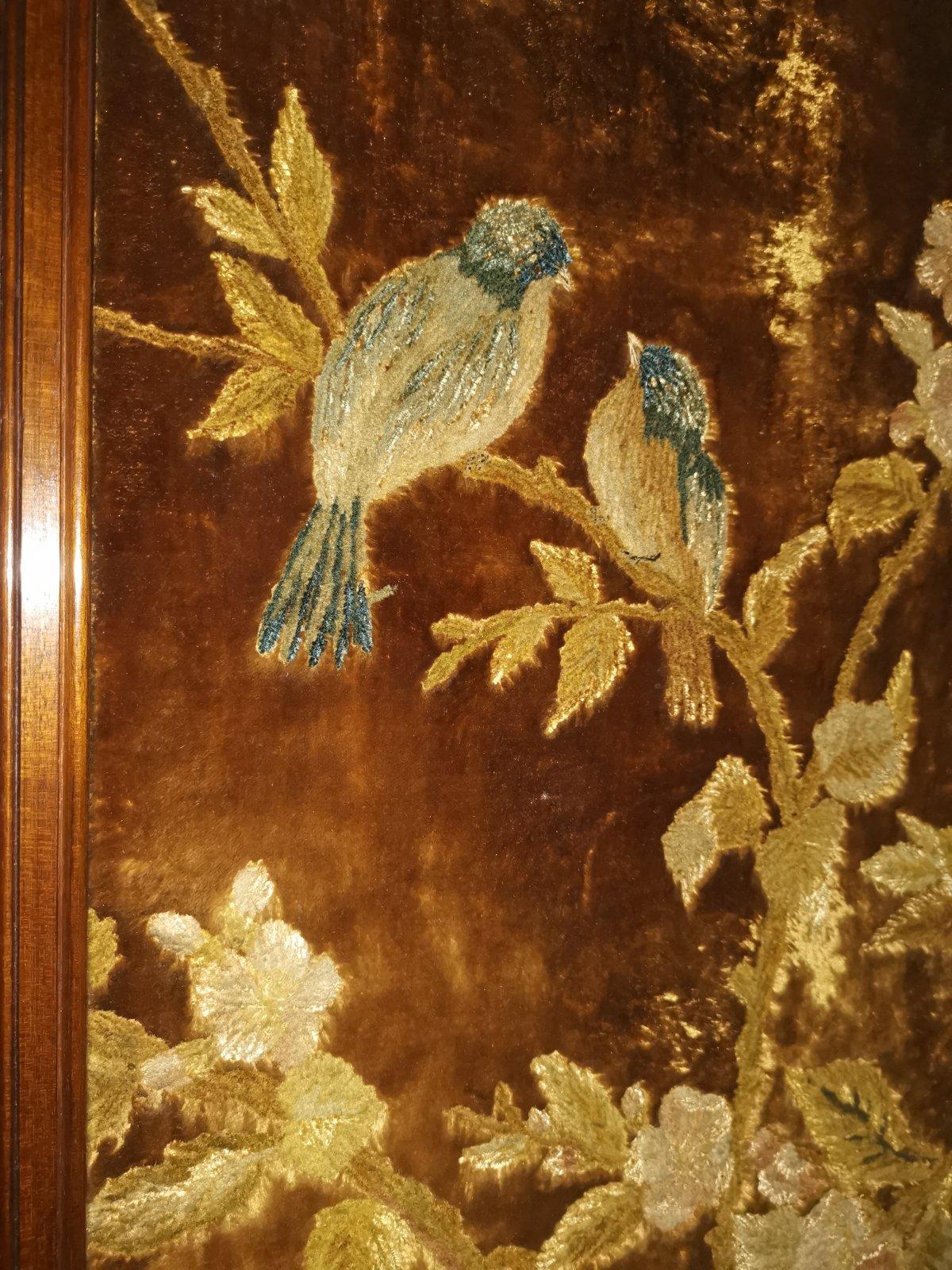 19th Century Gillows attr, An Aesthetic Movement Three-Fold Screen with Birds Amongst Blossom For Sale