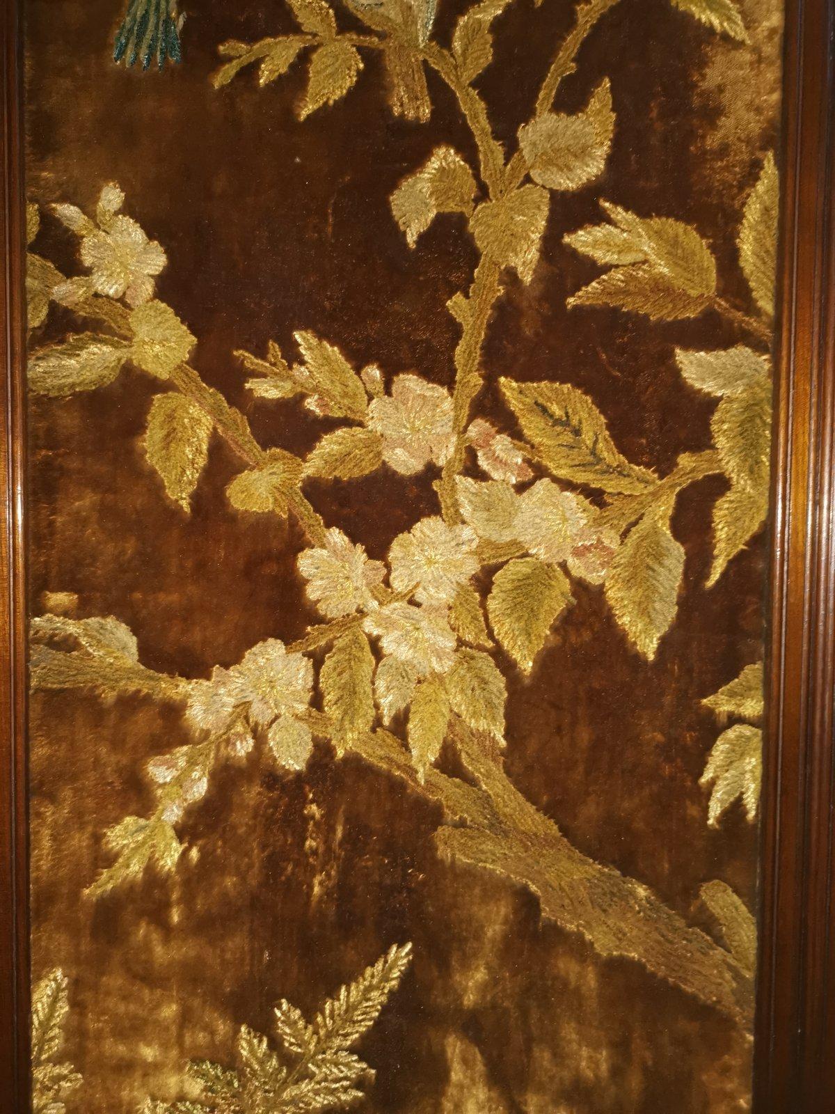 Walnut Gillows attr, An Aesthetic Movement Three-Fold Screen with Birds Amongst Blossom For Sale