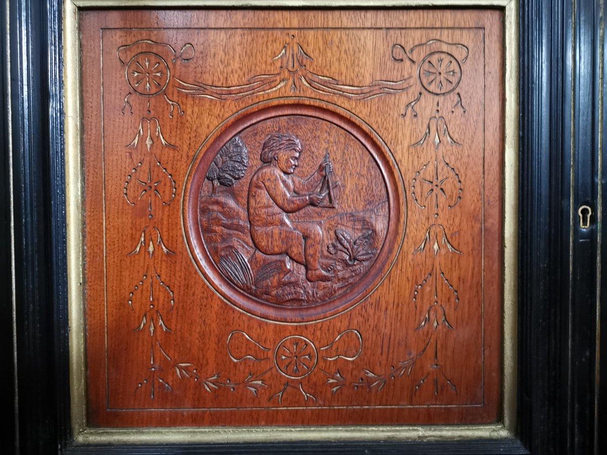 Aesthetic Movement Side Cabinet with Carved panels of Putti Putti playing music. For Sale 4