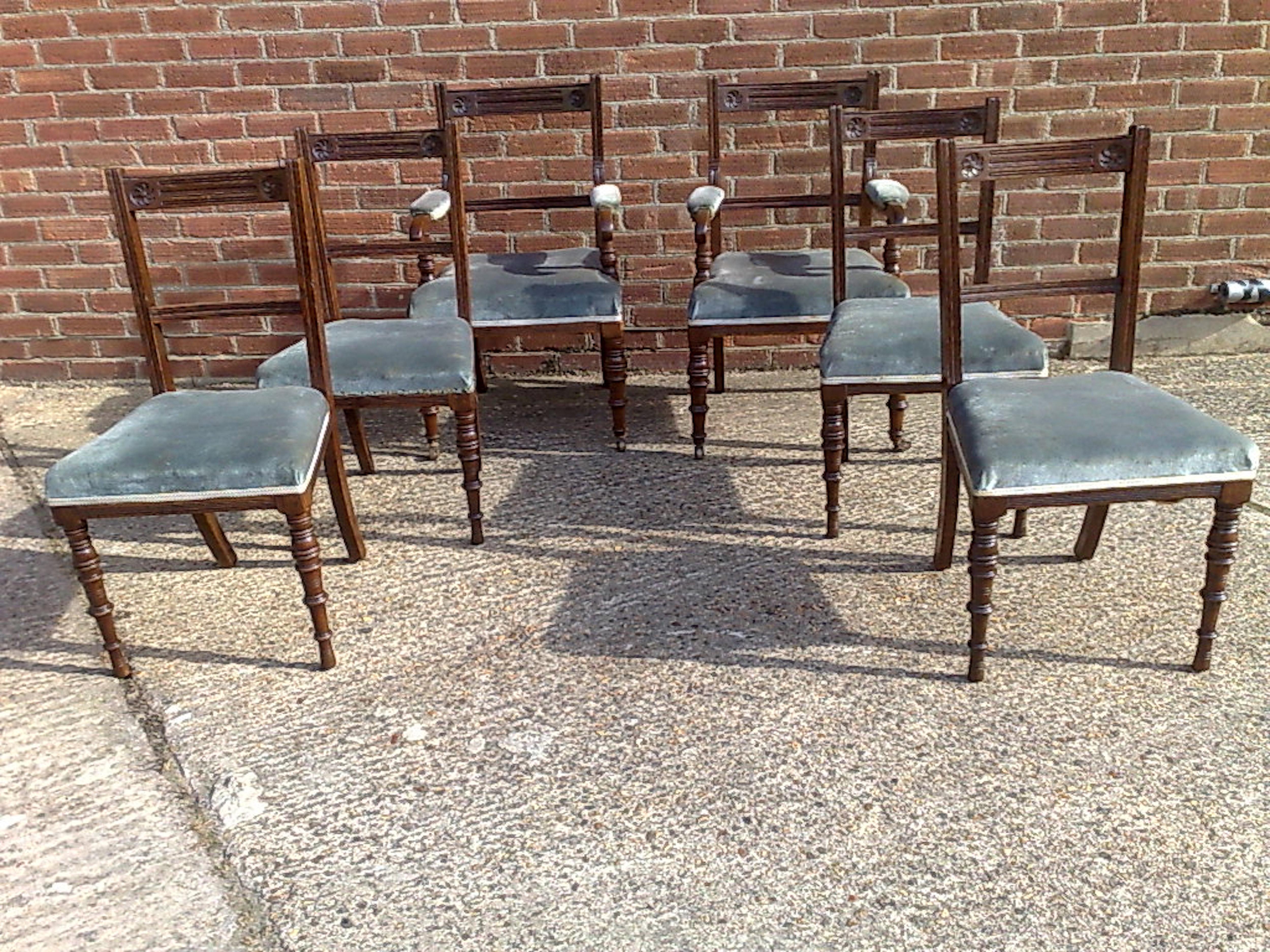 English Bruce Talbert Attri Six Aesthetic Movement Oak Dining Chairs with Carved Florets