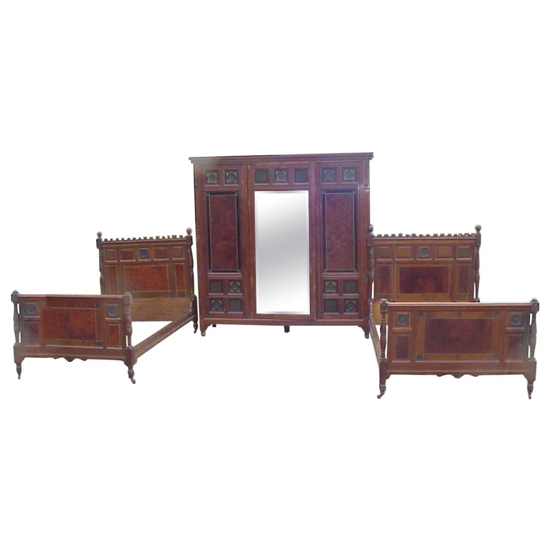 Bruce Talbert for Gillow. A Walnut, Amboyna, Ebonized and Gilt Bedroom Suite. For Sale