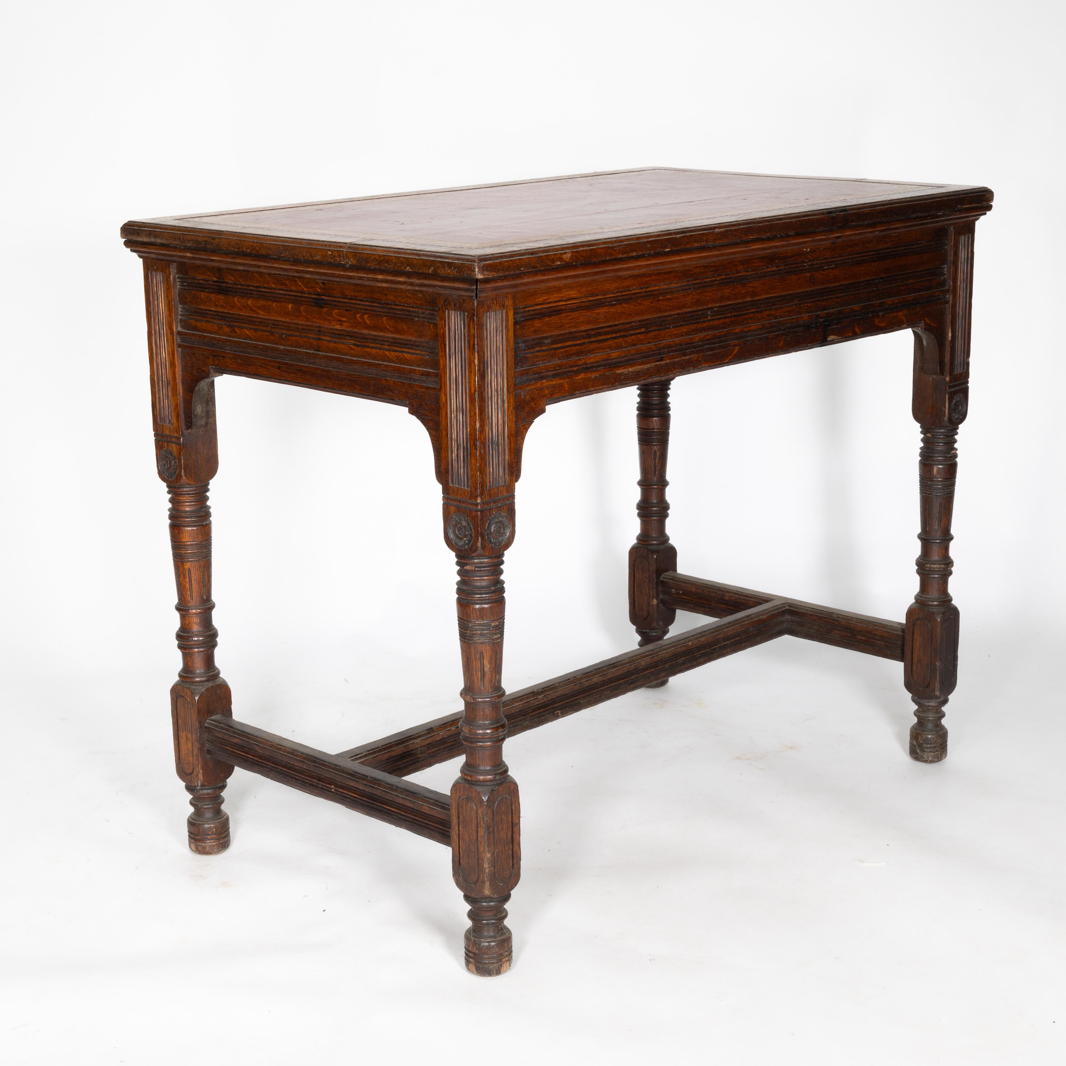 Bruce Talbert for Gillow and Co. A Gothic Revival Oak and Leather Writing Table For Sale 14