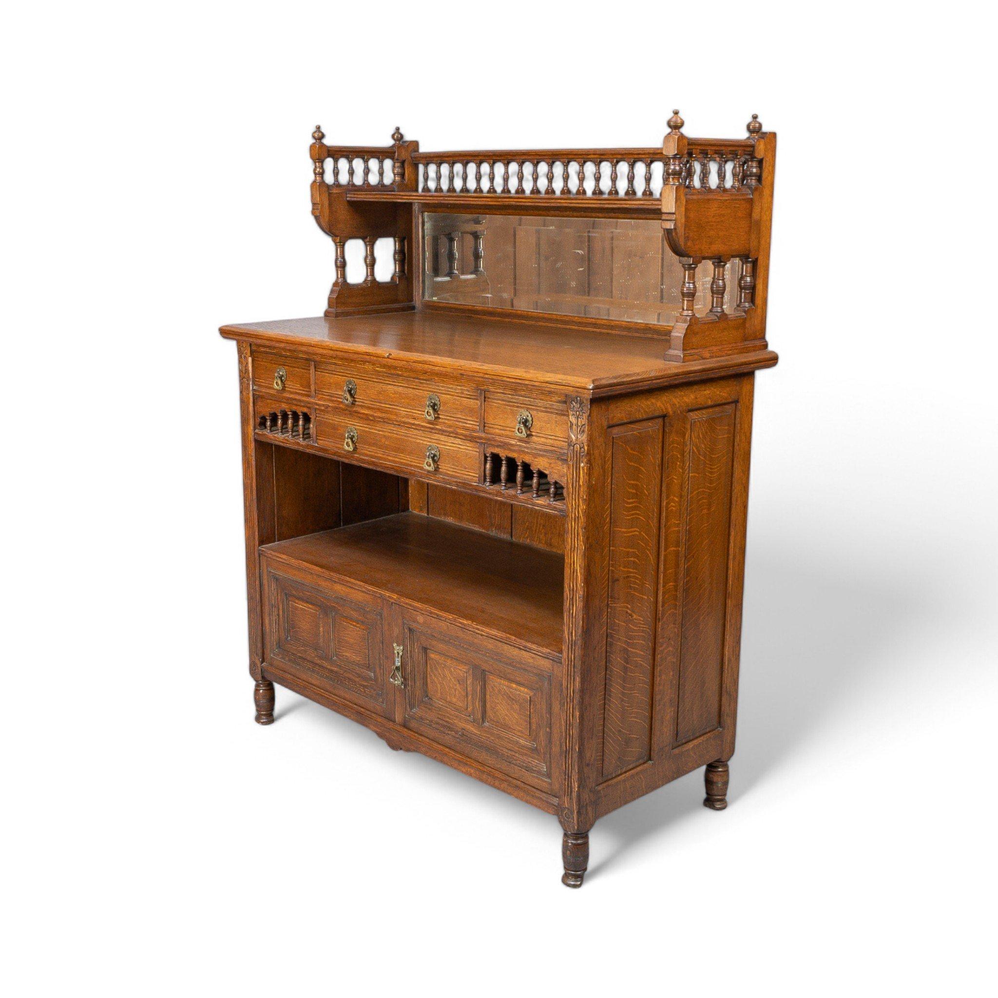 Hand-Crafted Bruce Talbert for Gillows Aesthetic Movement Oak Sideboard with Turned Finials For Sale