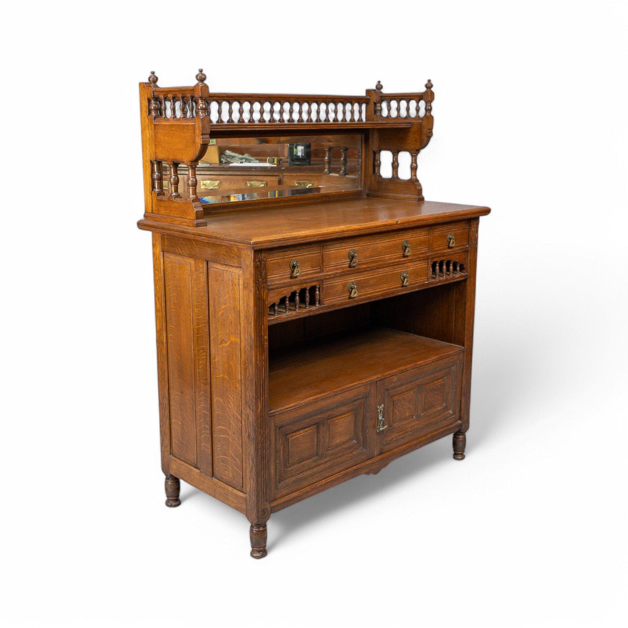 Bruce Talbert for Gillows Aesthetic Movement Oak Sideboard with Turned Finials In Good Condition For Sale In London, GB