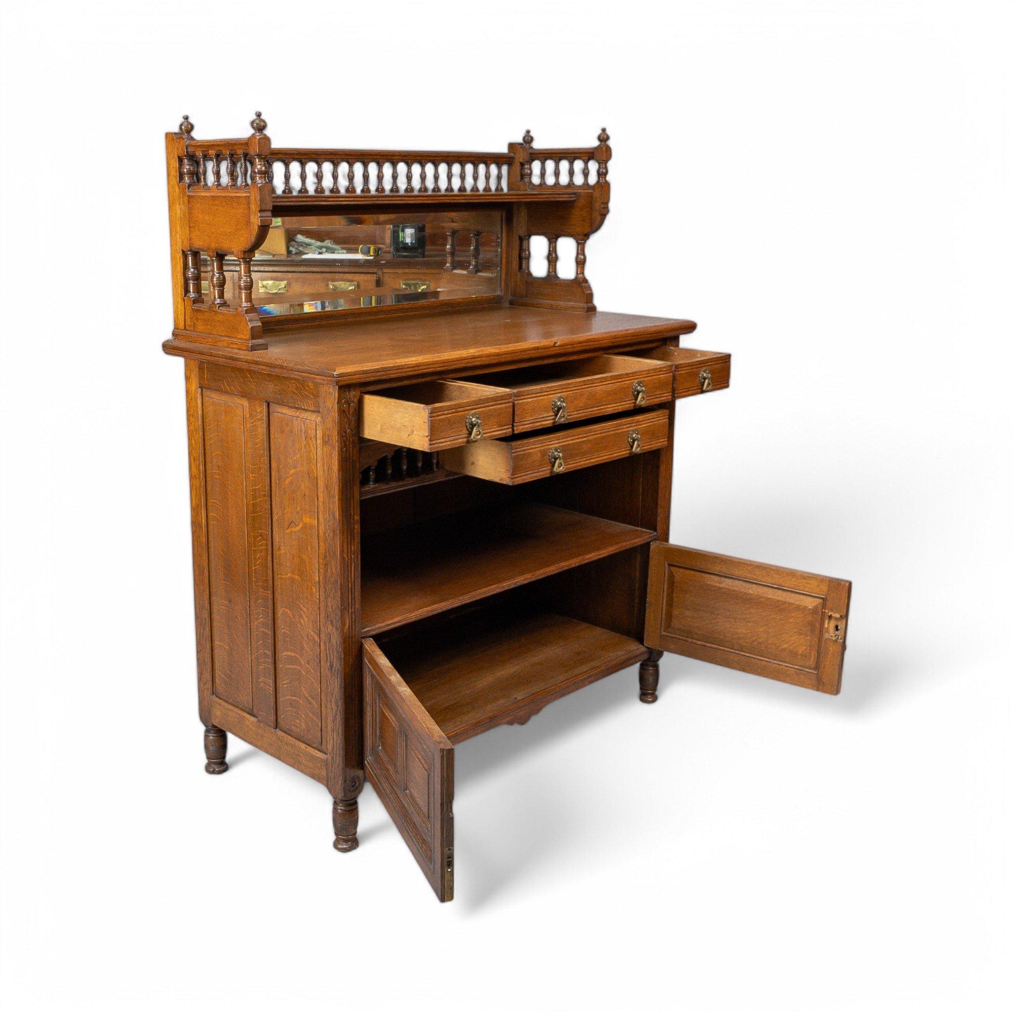 19th Century Bruce Talbert for Gillows Aesthetic Movement Oak Sideboard with Turned Finials For Sale