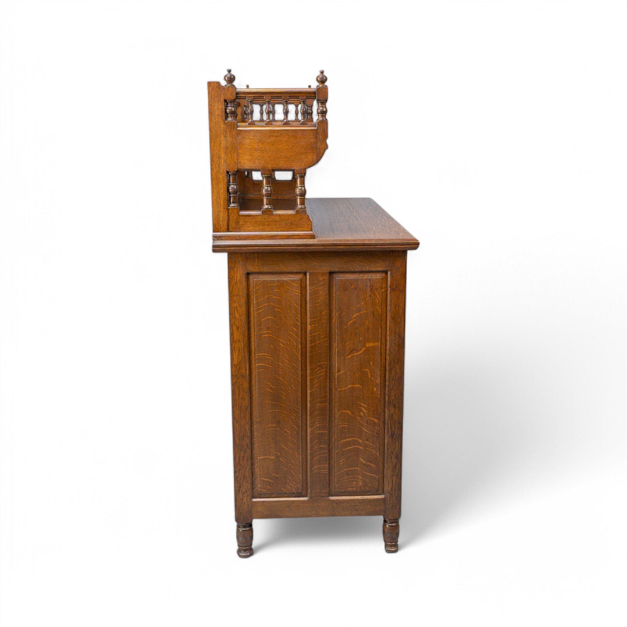 Bruce Talbert for Gillows Aesthetic Movement Oak Sideboard with Turned Finials For Sale 1
