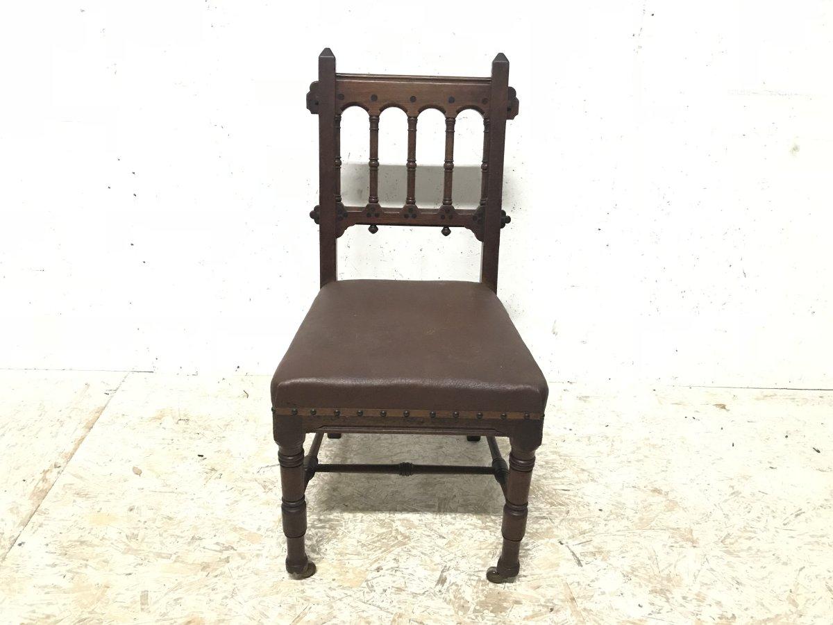 Bruce Talbert for Gillows and Co. A rare Gothic Revival dining, desk or side chair.
The design for this chair can be seen in Talberts book 'Gothic Forms Applied to Furniture, Metal Work and Decoration for Domestic Purposes'.
Stamped 'Gillows