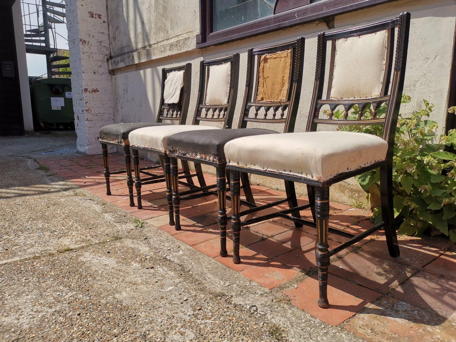 English Bruce Talbert. Gillows, Four Aesthetic Movement Ebonised & Gilt Dining Chairs