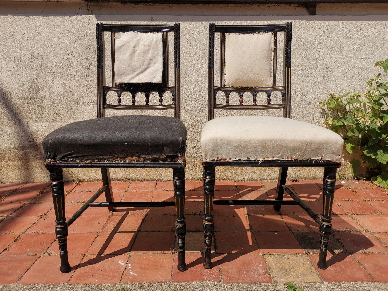 Ebonized Bruce Talbert. Gillows, Four Aesthetic Movement Ebonised & Gilt Dining Chairs