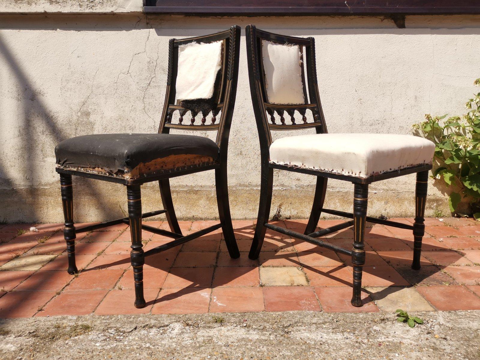 Bruce Talbert. Gillows, Four Aesthetic Movement Ebonised & Gilt Dining Chairs In Good Condition In London, GB