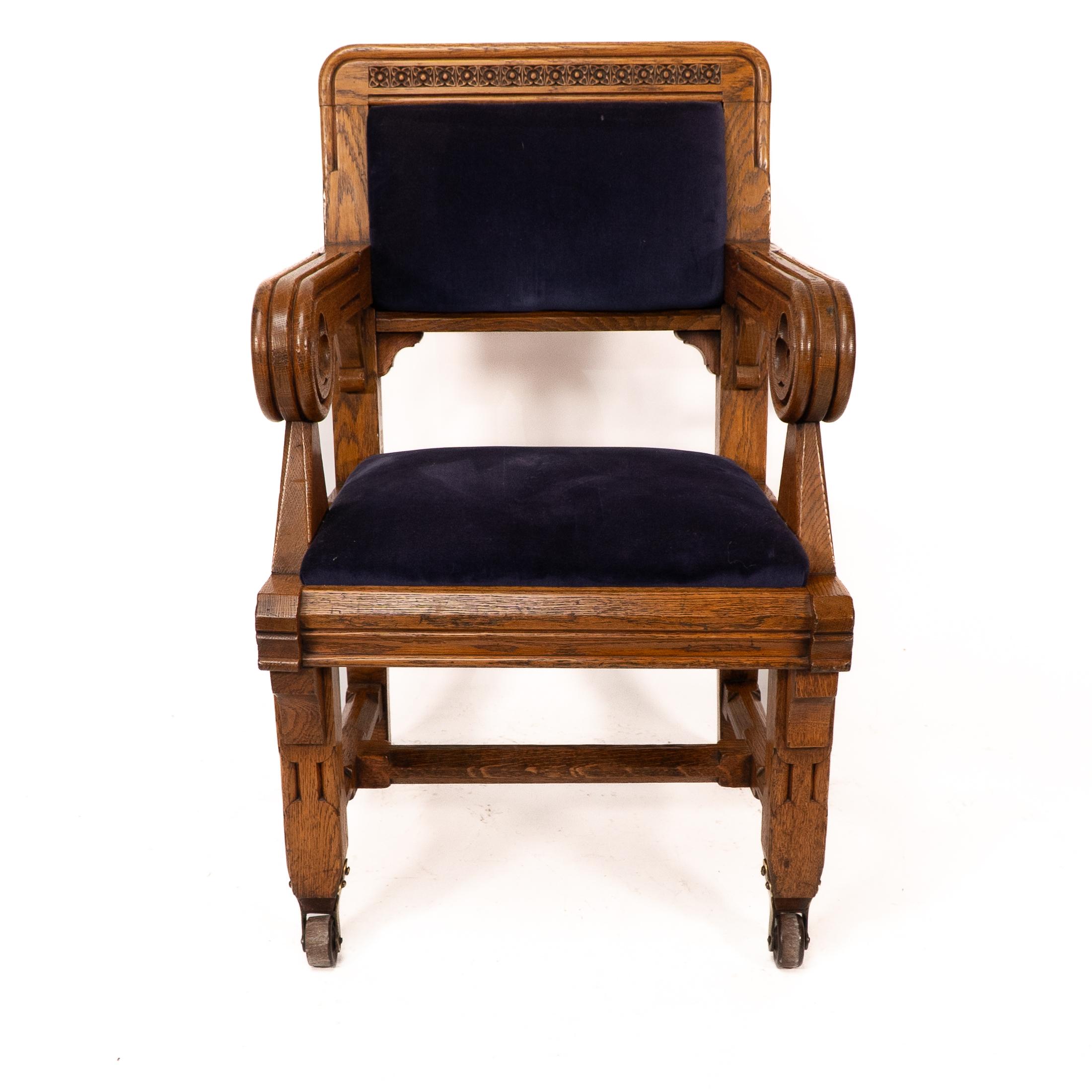 Bruce Talbert, Gillows, Two Rare Gothic Revival Oak Armchair in Blue Upholstery. For Sale 4