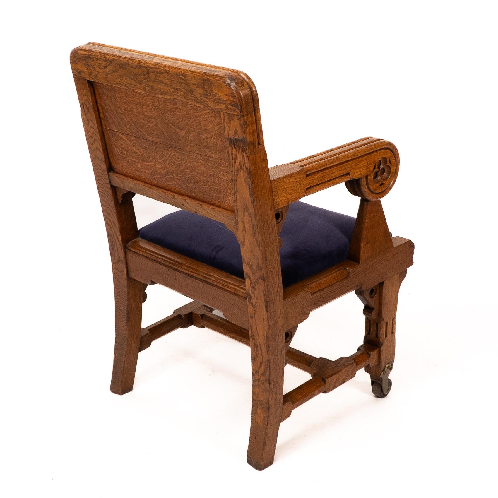 Bruce Talbert, Gillows, Two Rare Gothic Revival Oak Armchair in Blue Upholstery. For Sale 8