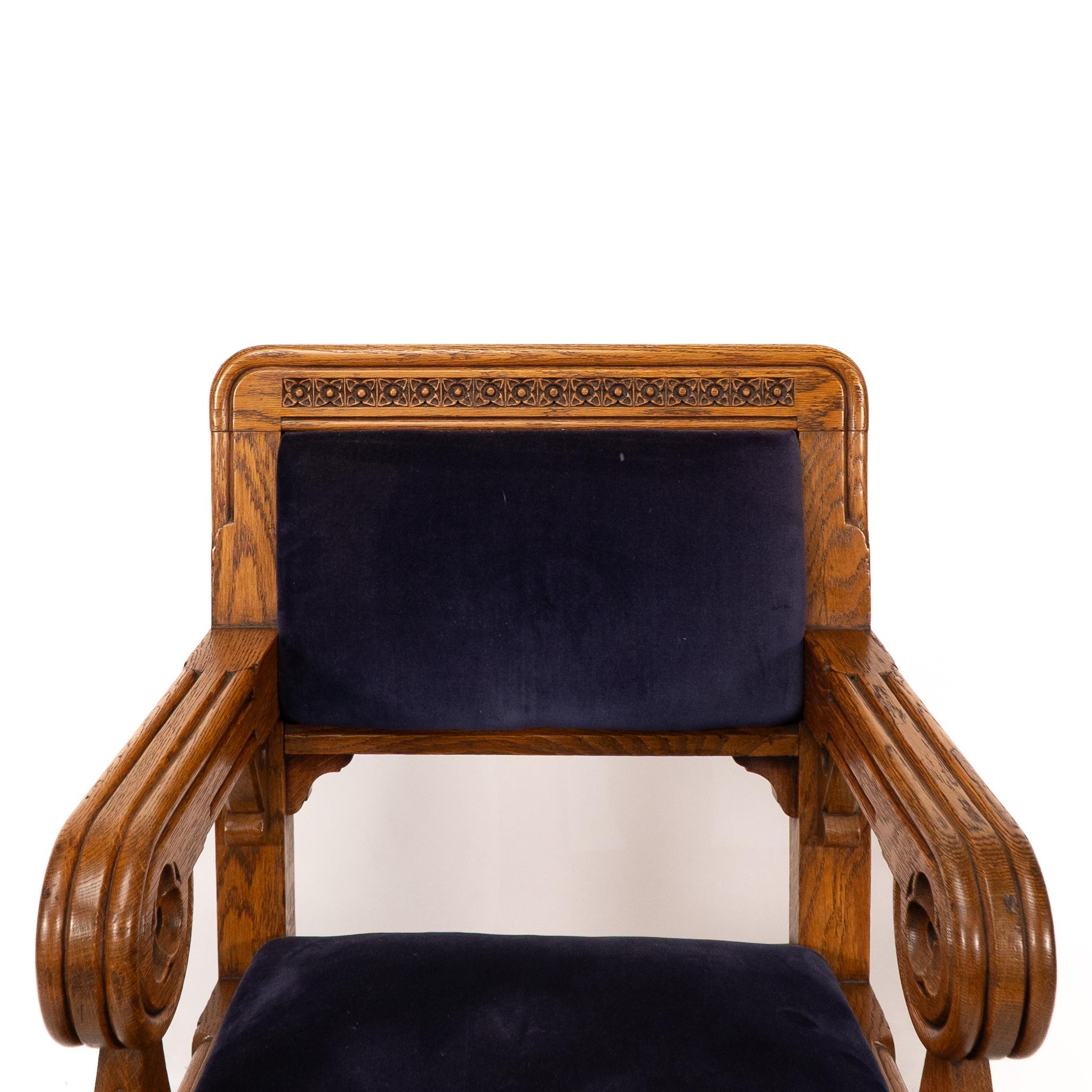 Bruce Talbert, Gillows, Two Rare Gothic Revival Oak Armchair in Blue Upholstery. For Sale 9
