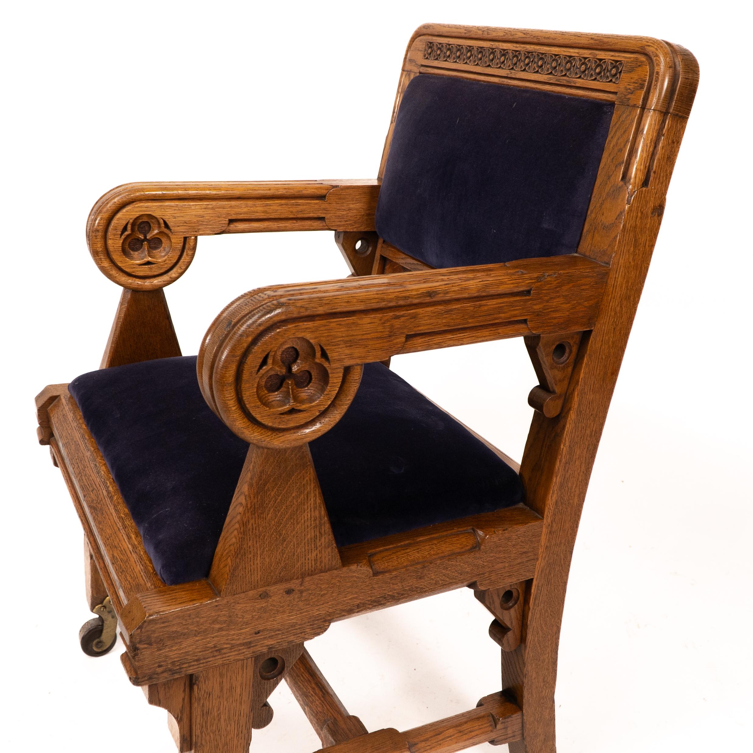Bruce Talbert, Gillows, Two Rare Gothic Revival Oak Armchair in Blue Upholstery. For Sale 11