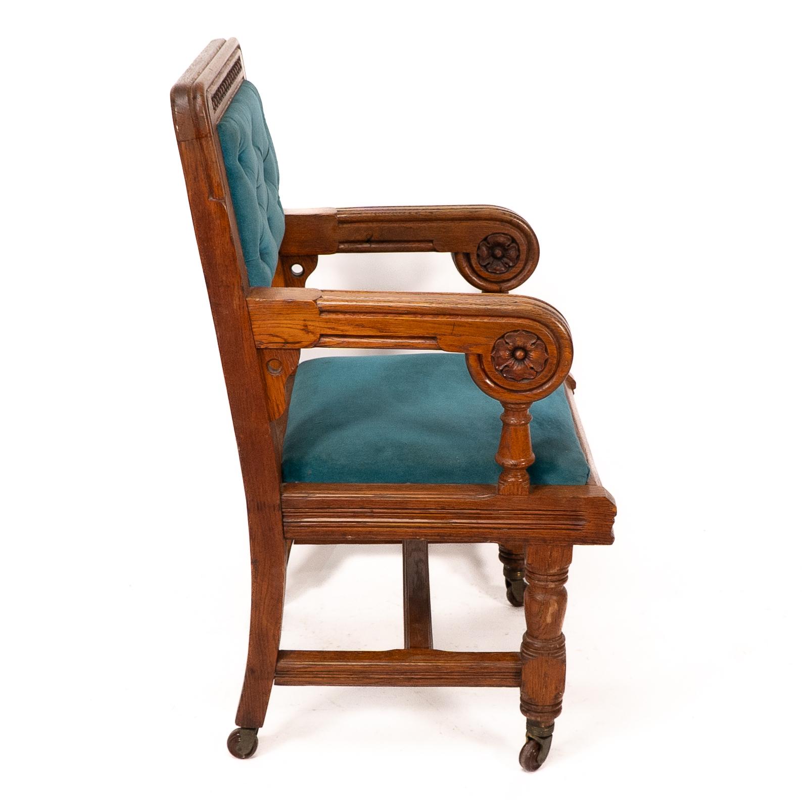 Hand-Carved Bruce Talbert, Gillows, Two Rare Gothic Revival Oak Armchair in Blue Upholstery. For Sale